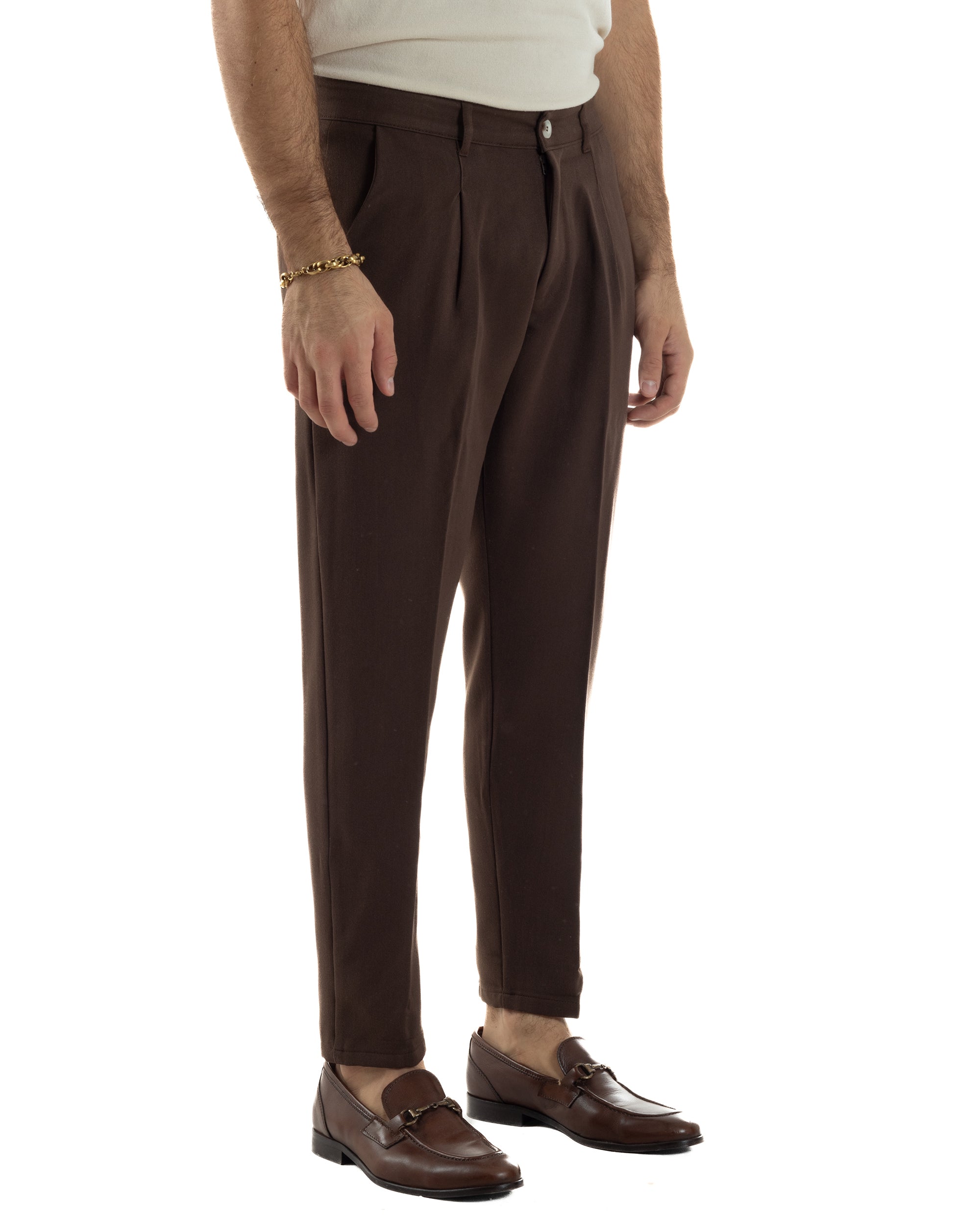 Pantaloni Uomo Viscosa Capri Casual Classico Tasche America Pinces Marrone P6410A