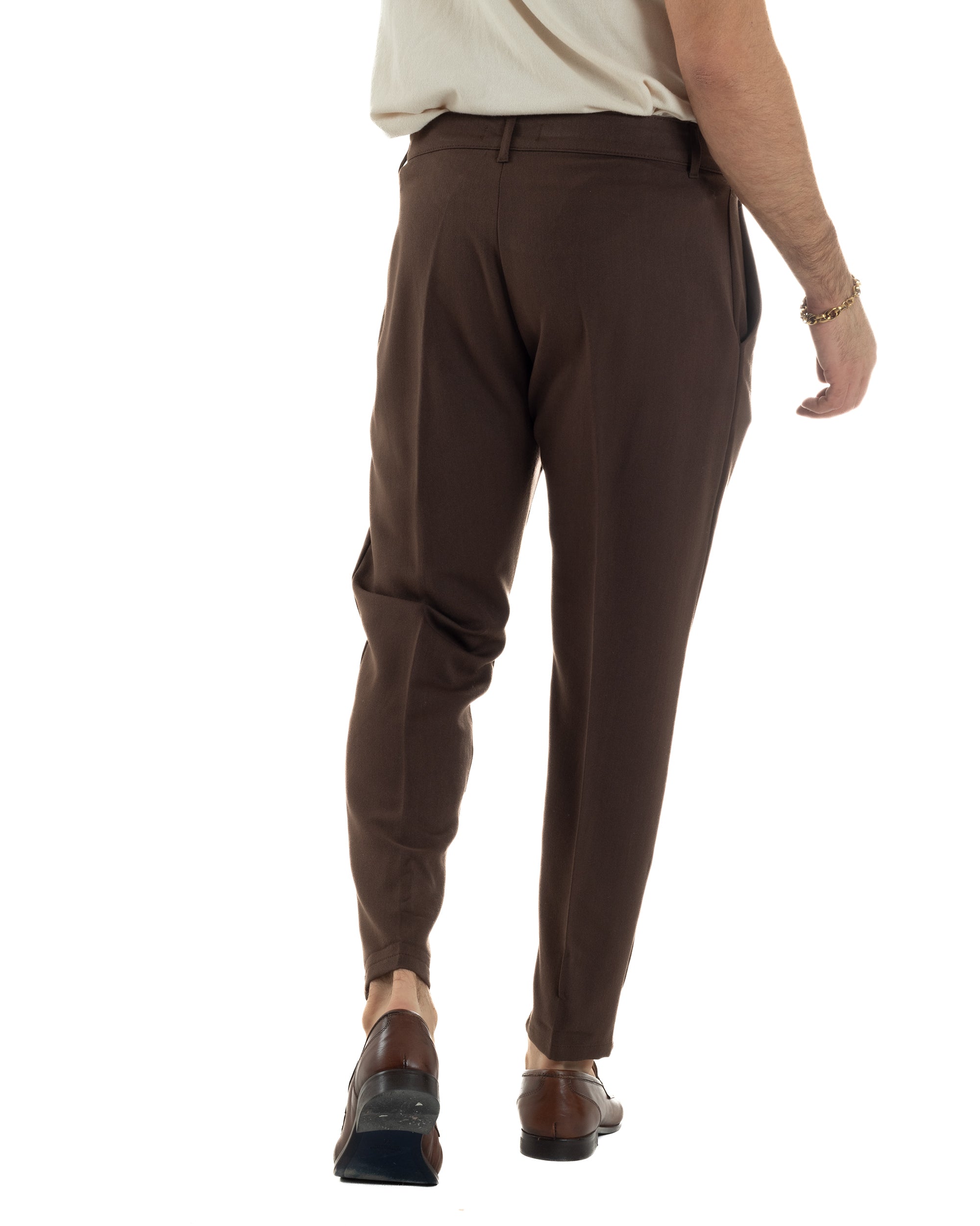 Pantaloni Uomo Viscosa Capri Casual Classico Tasche America Pinces Marrone P6410A