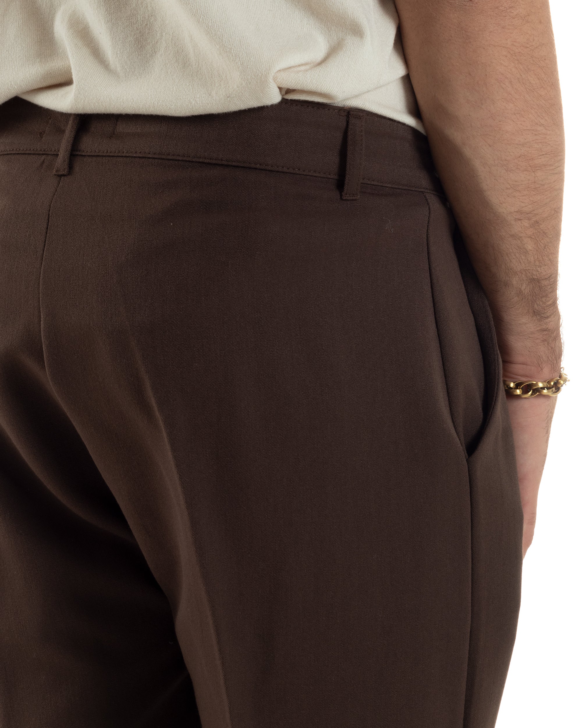 Pantaloni Uomo Viscosa Capri Casual Classico Tasche America Pinces Marrone P6410A