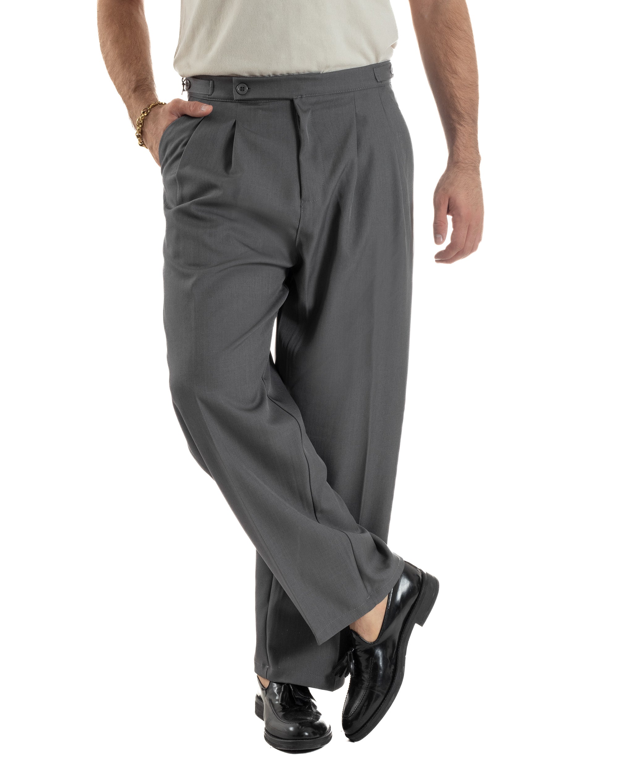 Pantaloni Uomo Baggy Con Pinces Viscosa Vita Alta Gurkha Pants Classico Grigio P6411A