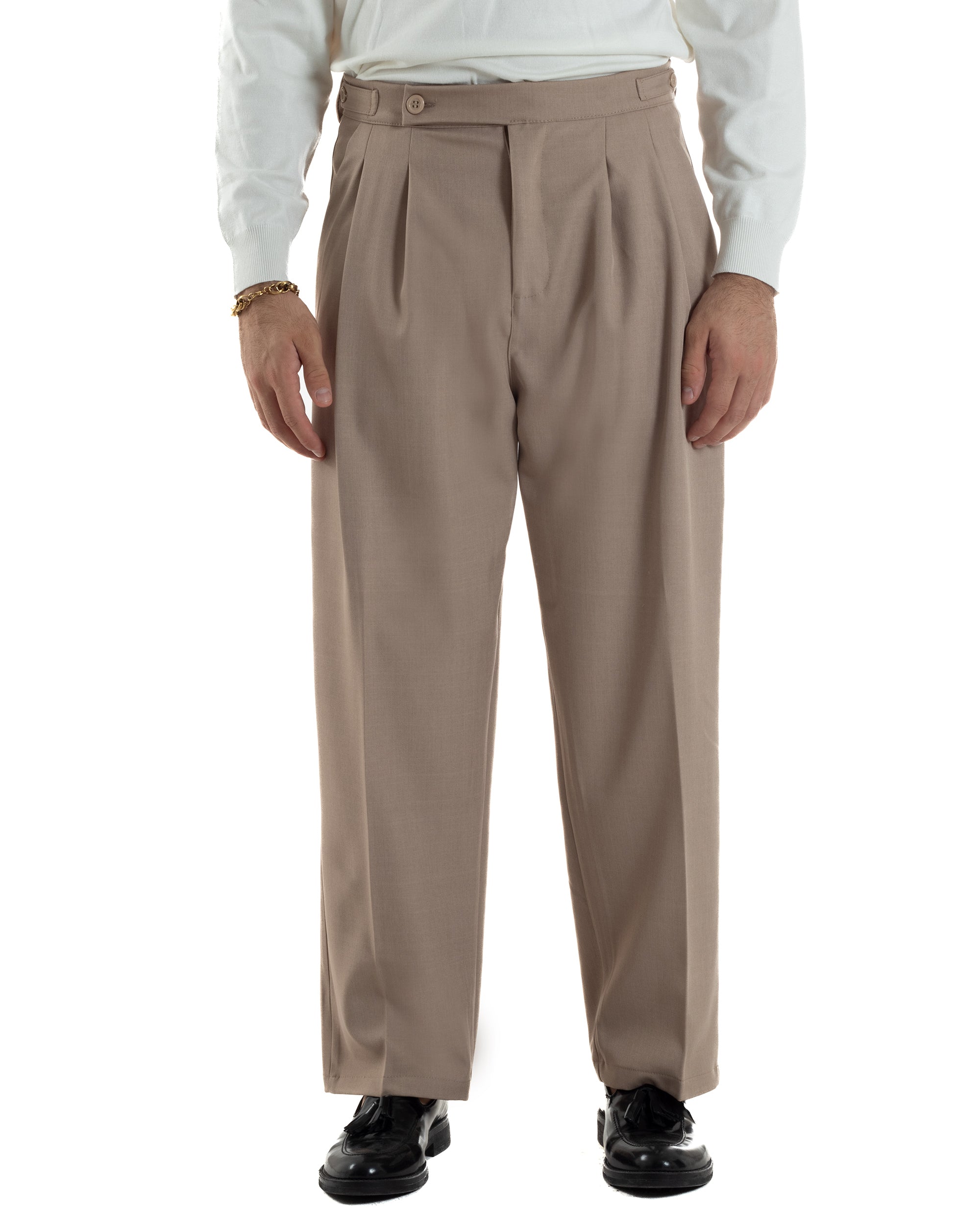 Pantaloni Uomo Baggy Con Pinces Viscosa Vita Alta Gurkha Pants Classico Beige P6412A