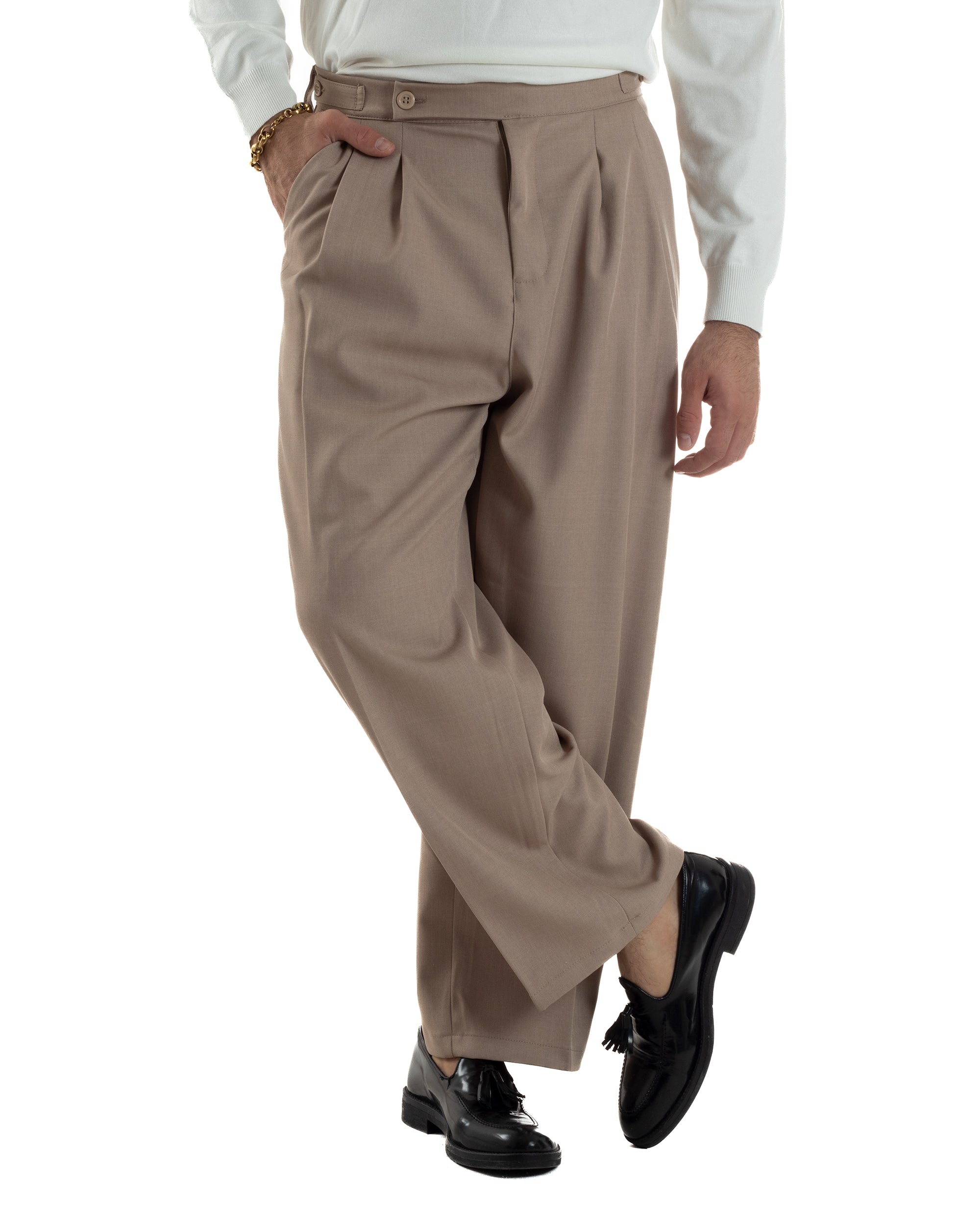 Pantaloni Uomo Baggy Con Pinces Viscosa Vita Alta Gurkha Pants Classico Beige P6412A