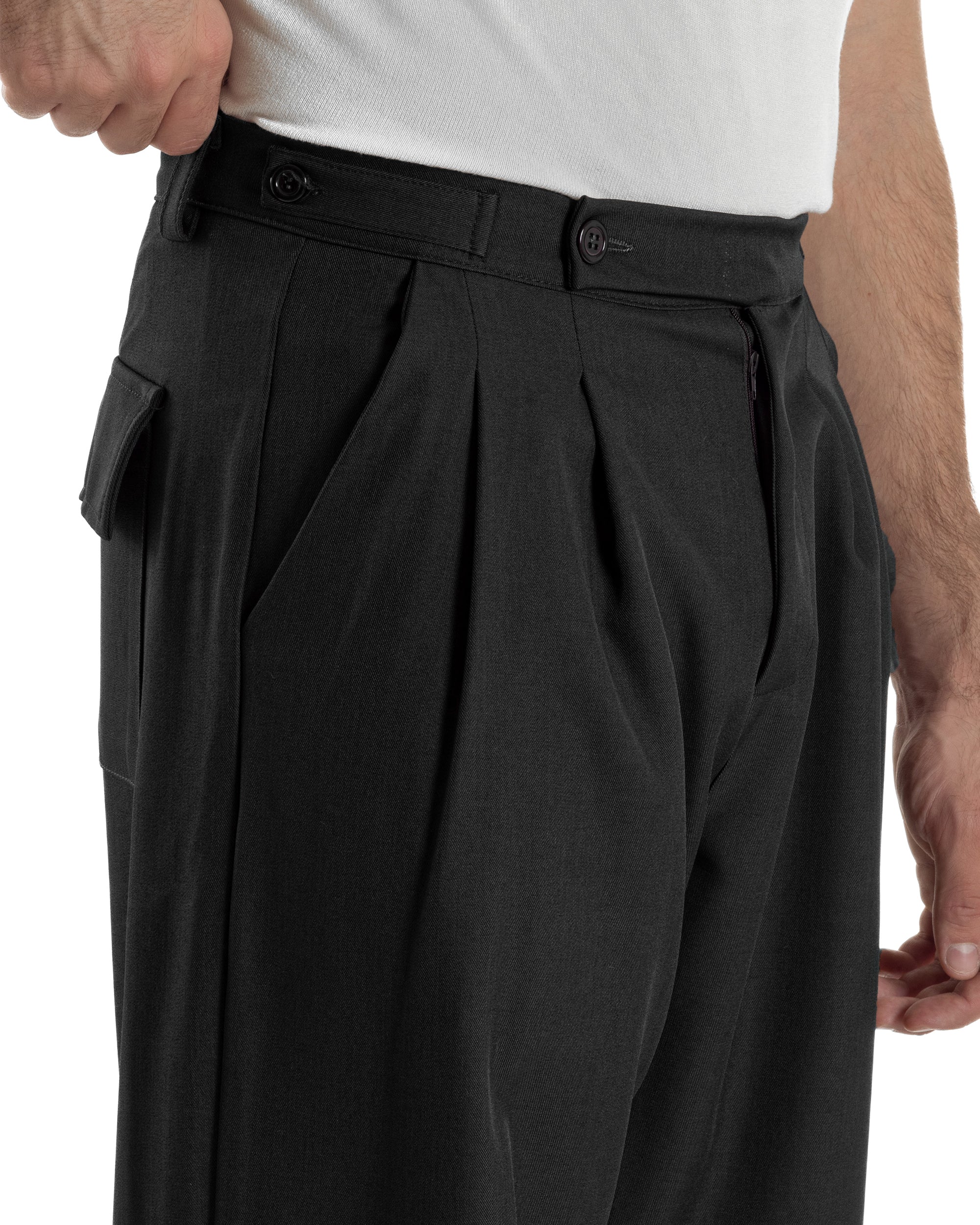 Pantaloni Uomo Baggy Con Pinces Viscosa Vita Alta Gurkha Pants Classico Nero P6413A