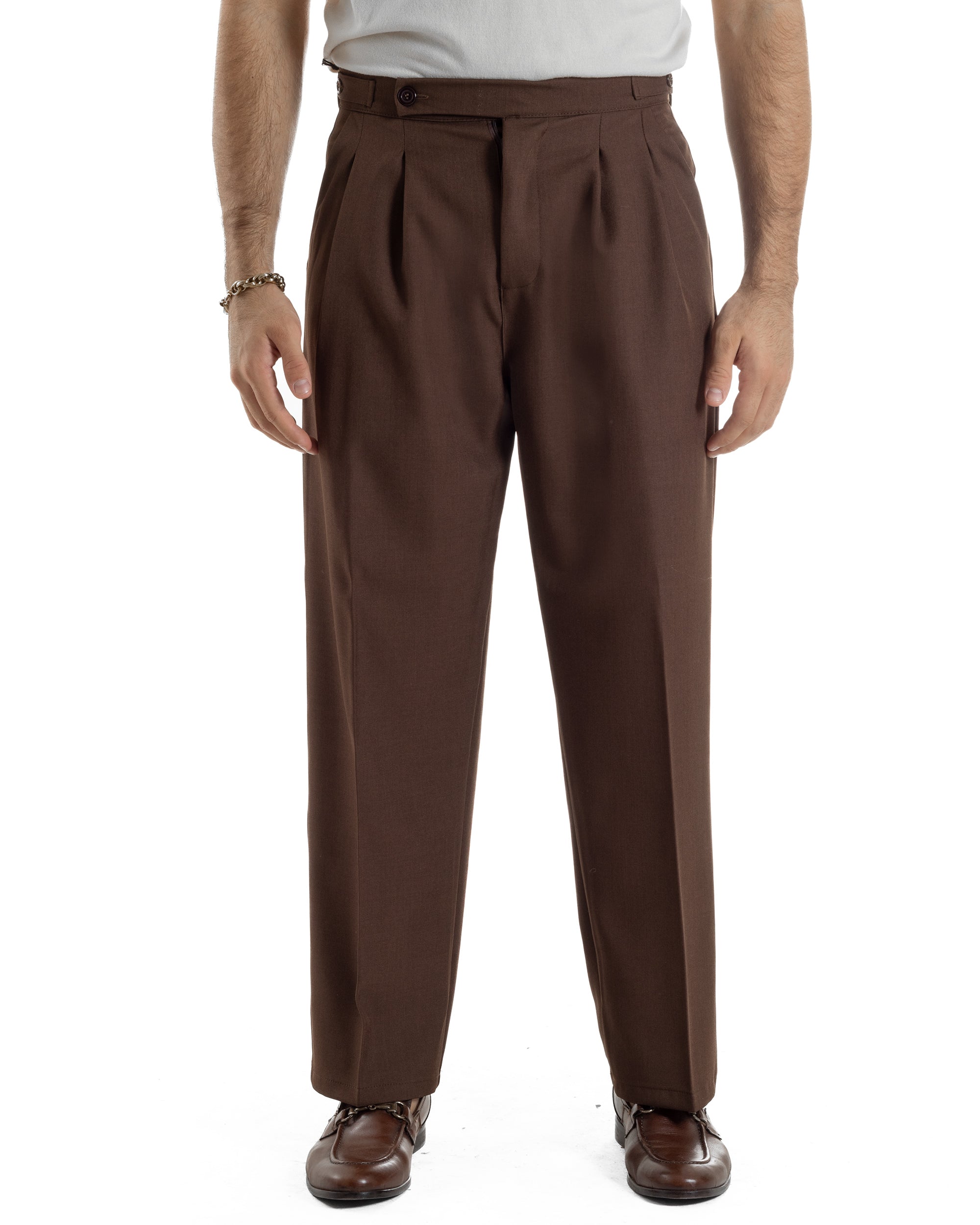 Pantaloni Uomo Baggy Con Pinces Viscosa Vita Alta Gurkha Pants Classico Marrone P6414A
