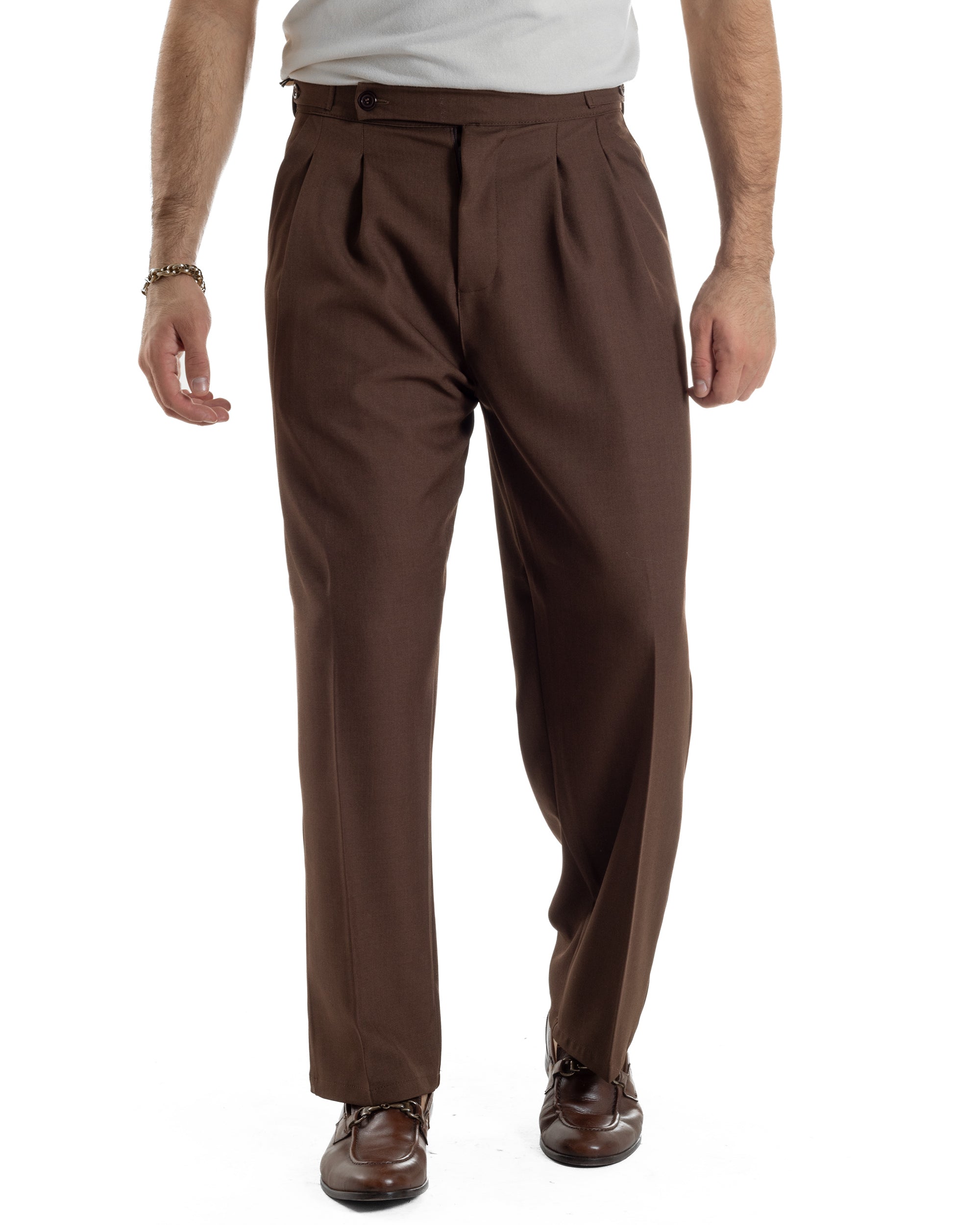 Pantaloni Uomo Baggy Con Pinces Viscosa Vita Alta Gurkha Pants Classico Marrone P6414A