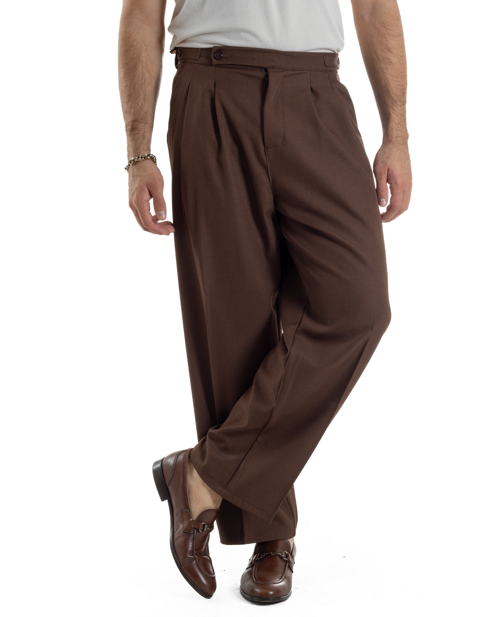 Pantaloni Uomo Baggy Con Pinces Viscosa Vita Alta Gurkha Pants Classico Marrone P6414A