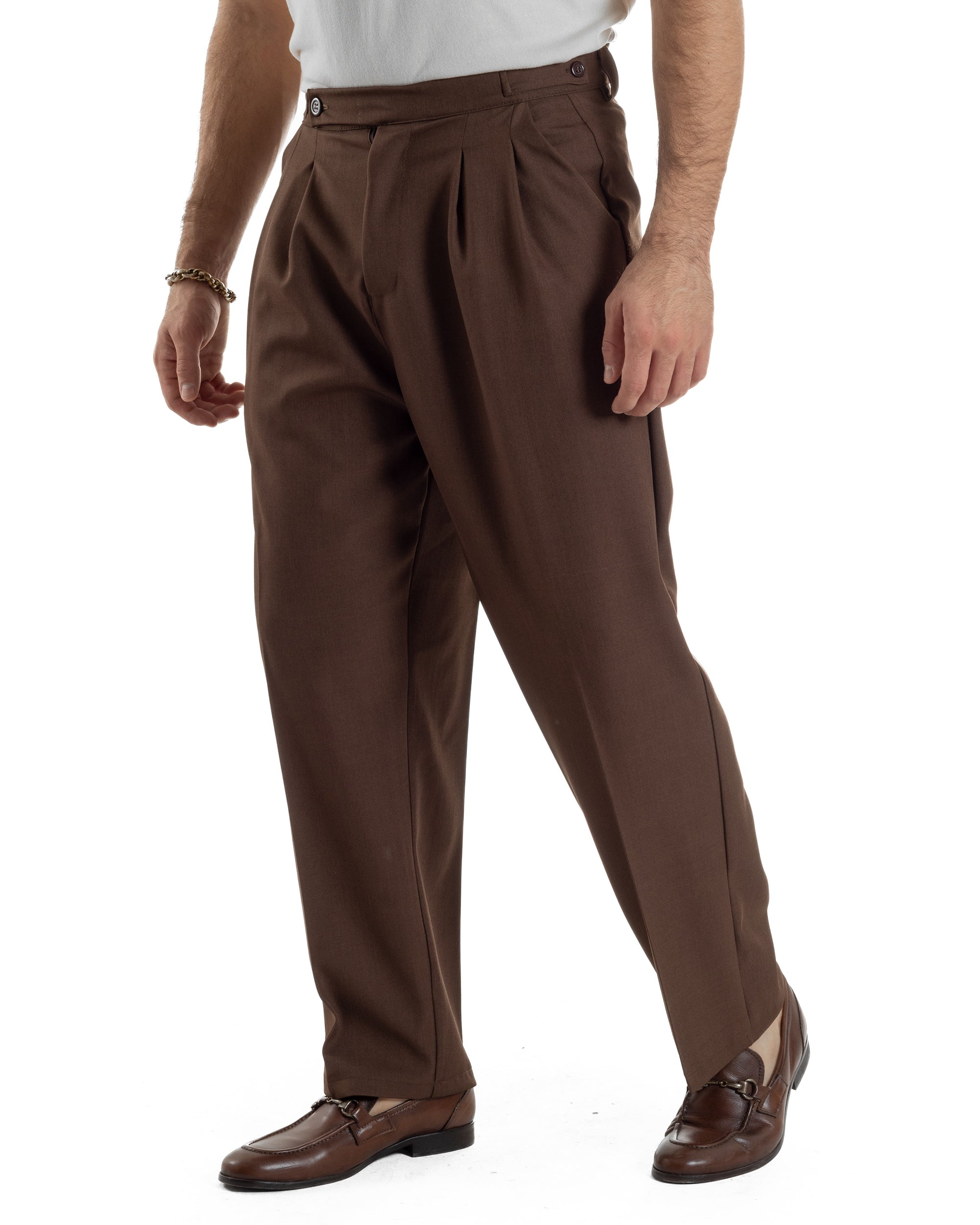 Pantaloni Uomo Baggy Con Pinces Viscosa Vita Alta Gurkha Pants Classico Marrone P6414A