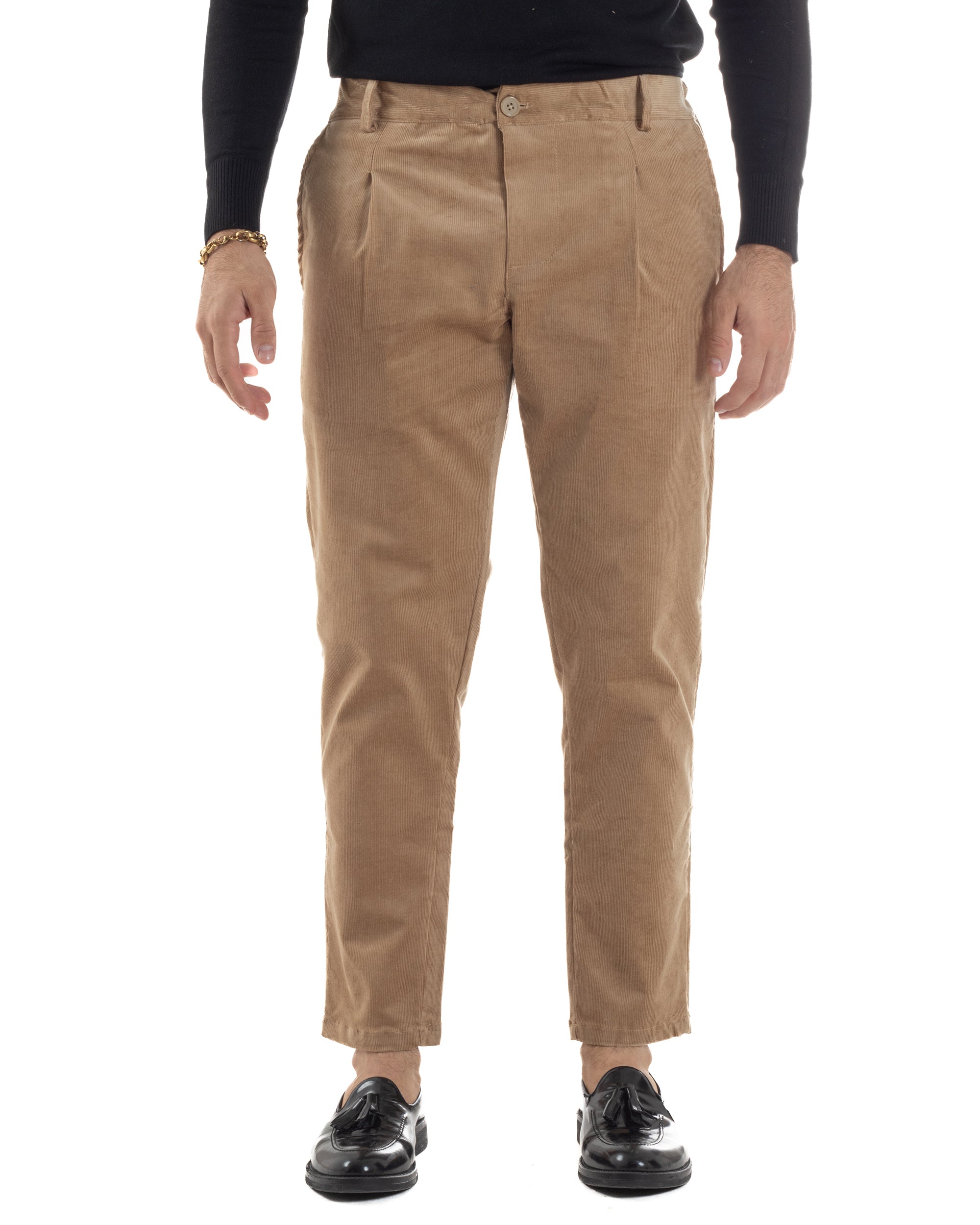 Pantaloni Uomo Velluto Tasche America Pinces Chino Beige P6415A