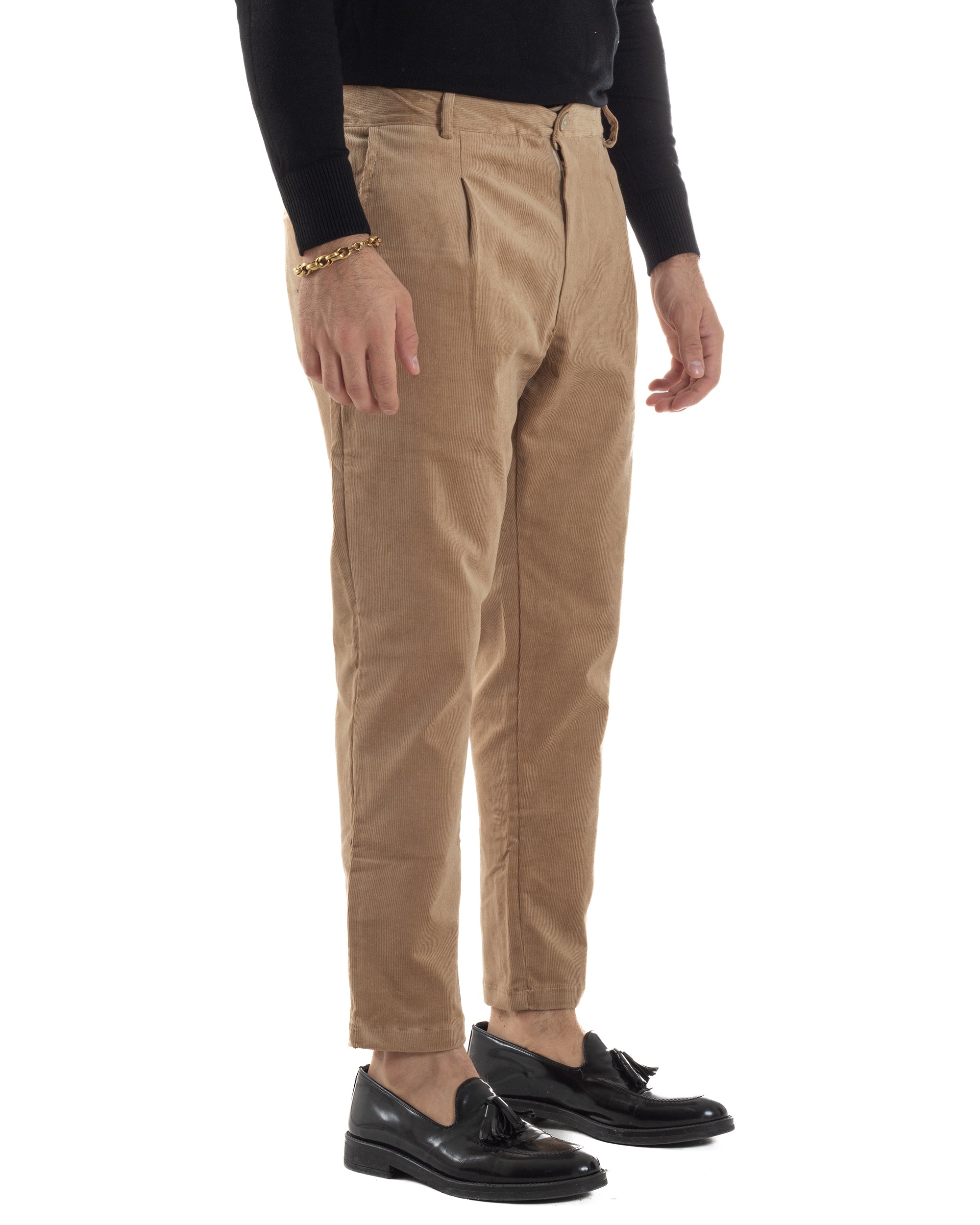 Pantaloni Uomo Velluto Tasche America Pinces Chino Beige P6415A