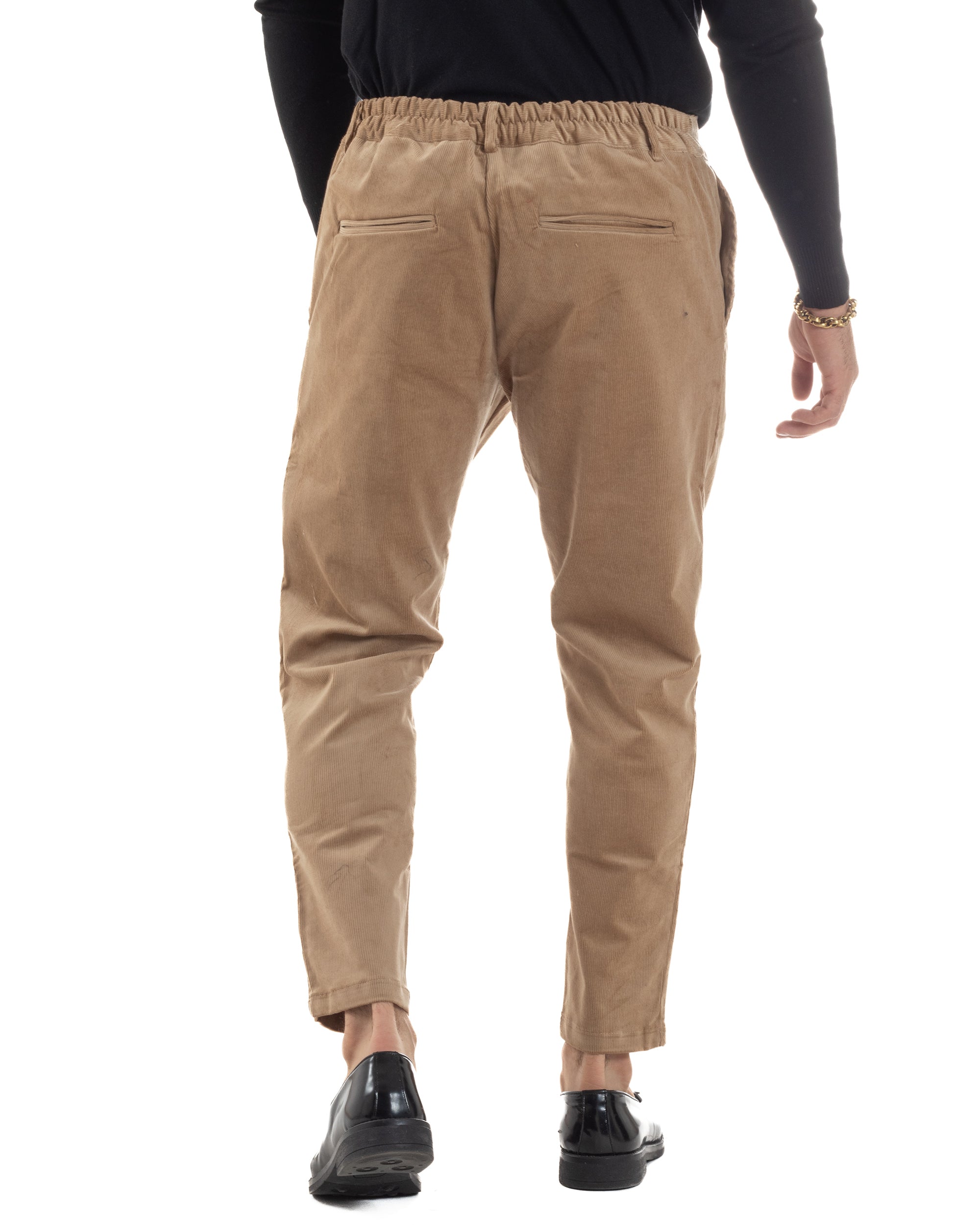 Pantaloni Uomo Velluto Tasche America Pinces Chino Beige P6415A