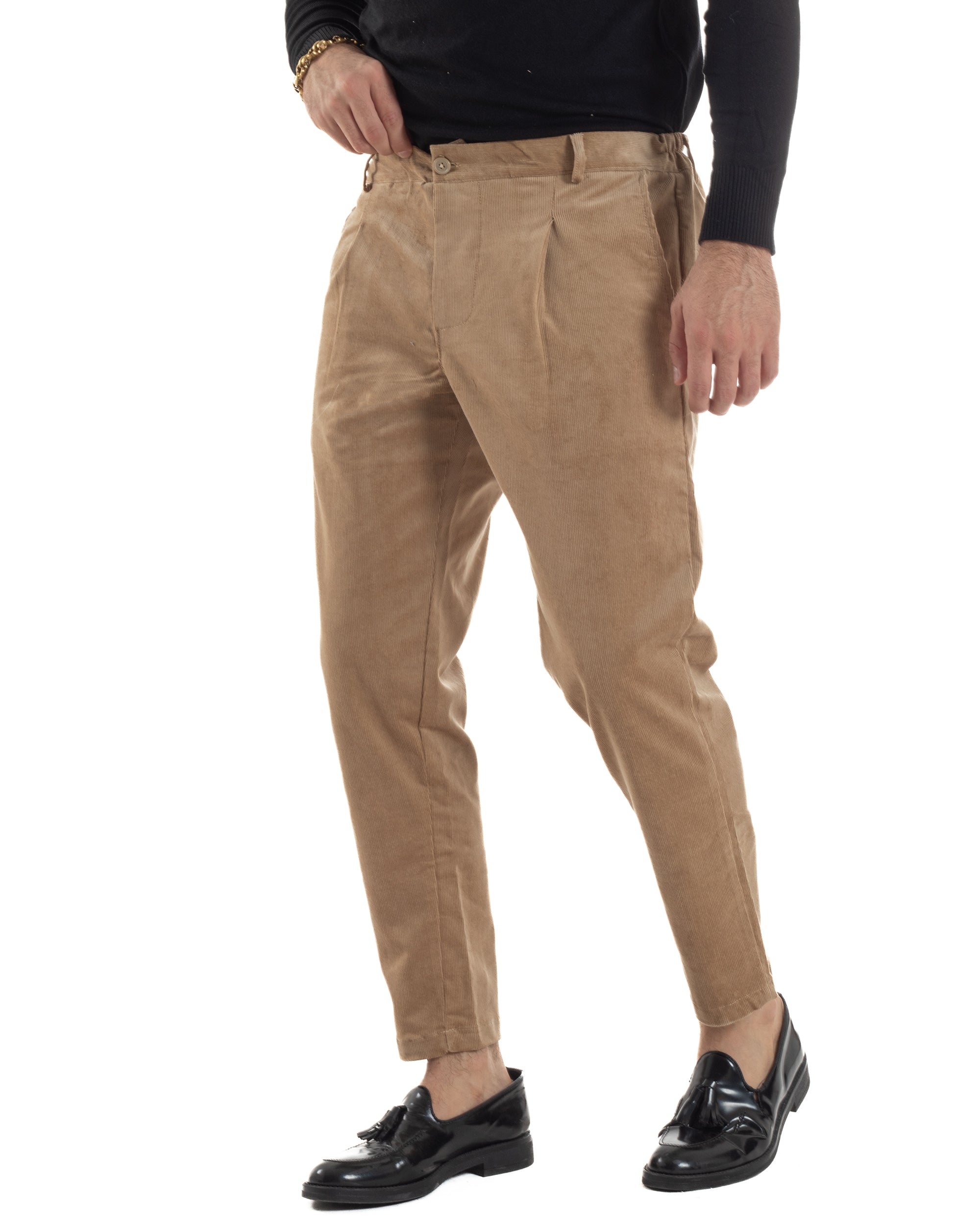 Pantaloni Uomo Velluto Tasche America Pinces Chino Beige P6415A