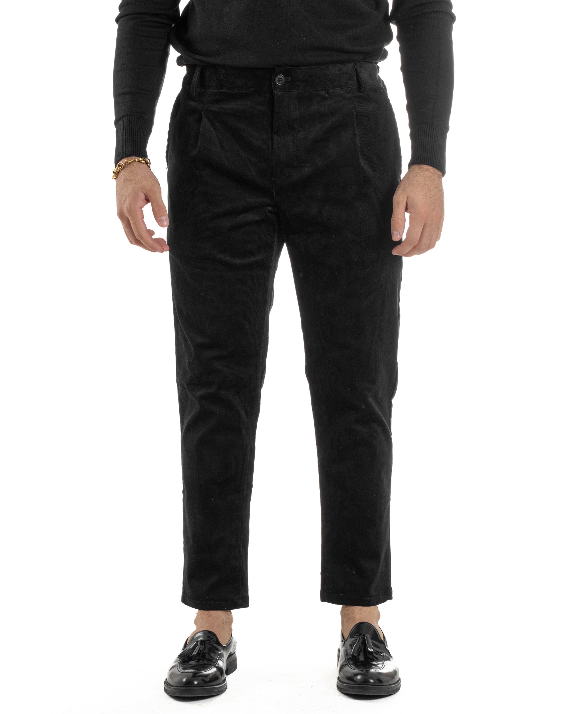 Pantaloni Uomo Velluto Tasche America Pinces Chino Nero P6416A