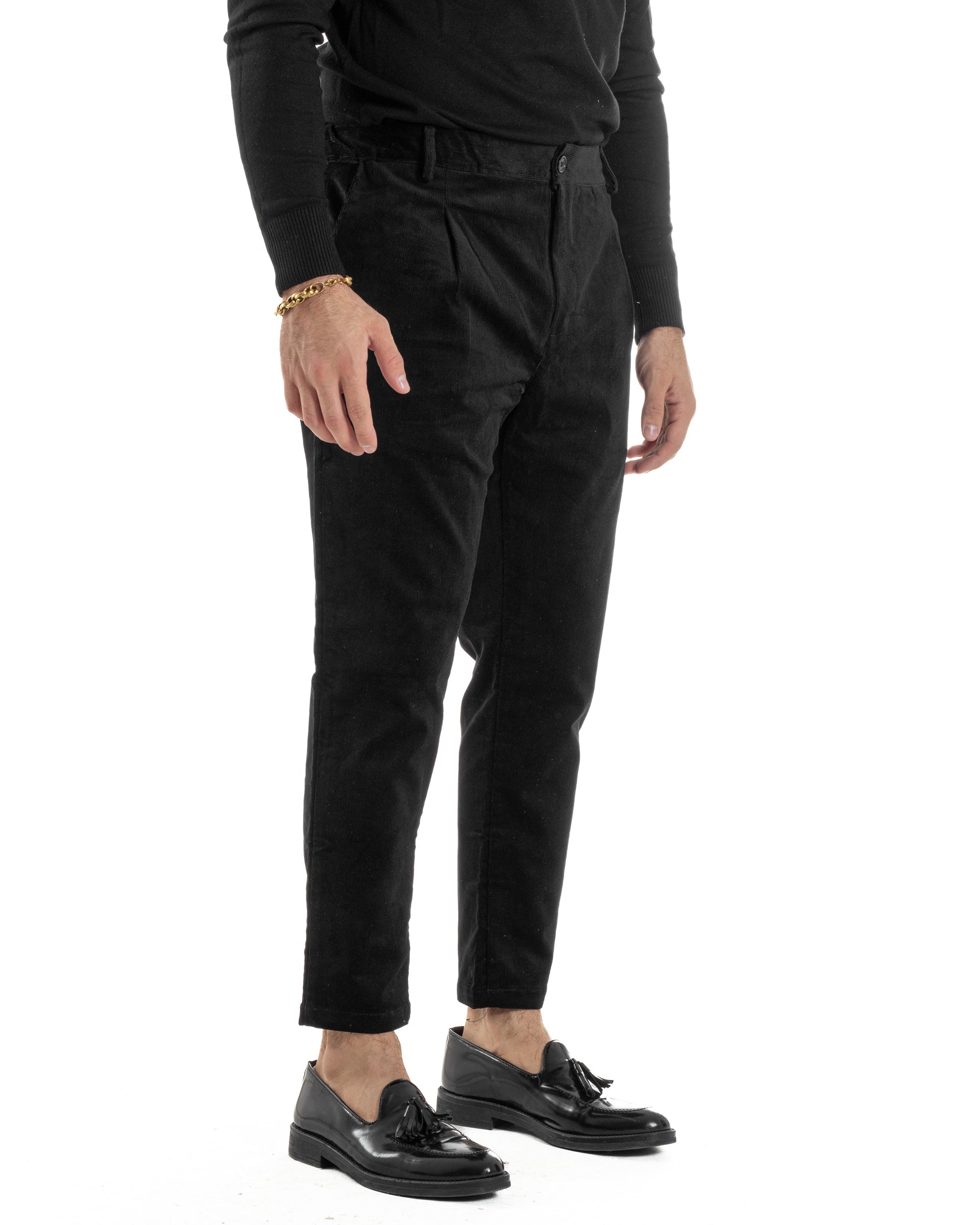 Pantaloni Uomo Velluto Tasche America Pinces Chino Nero P6416A