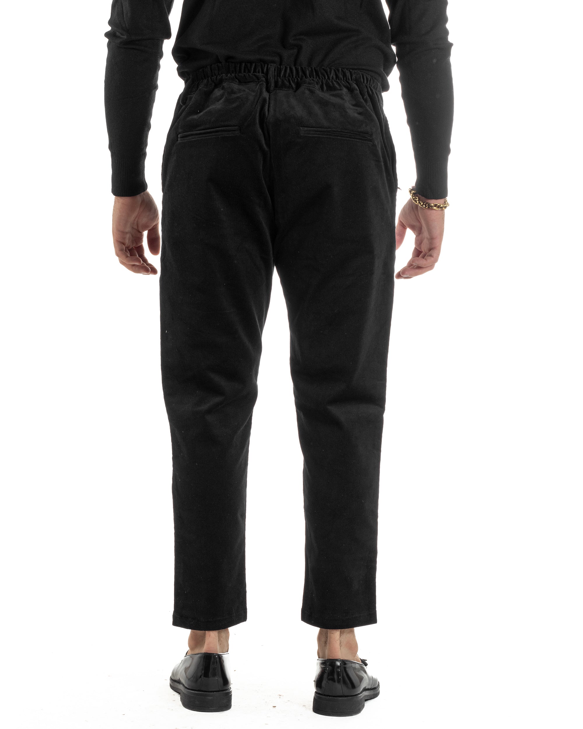 Pantaloni Uomo Velluto Tasche America Pinces Chino Nero P6416A