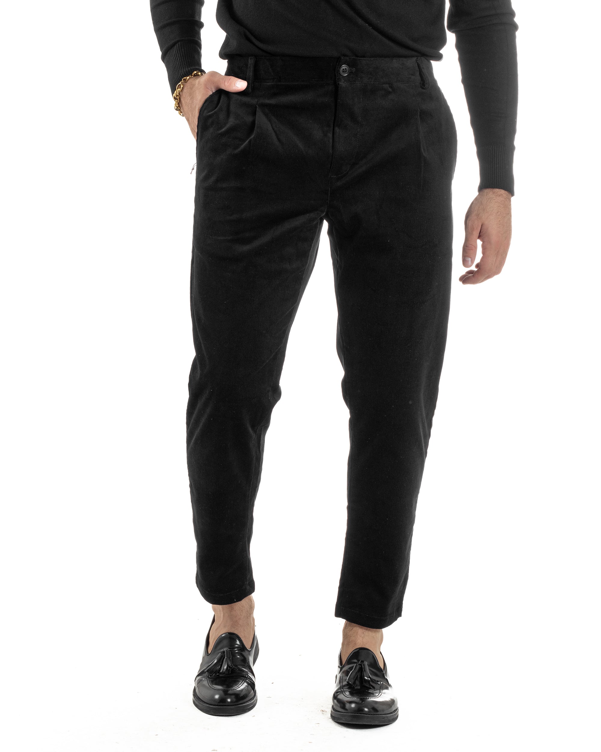 Pantaloni Uomo Velluto Tasche America Pinces Chino Nero P6416A