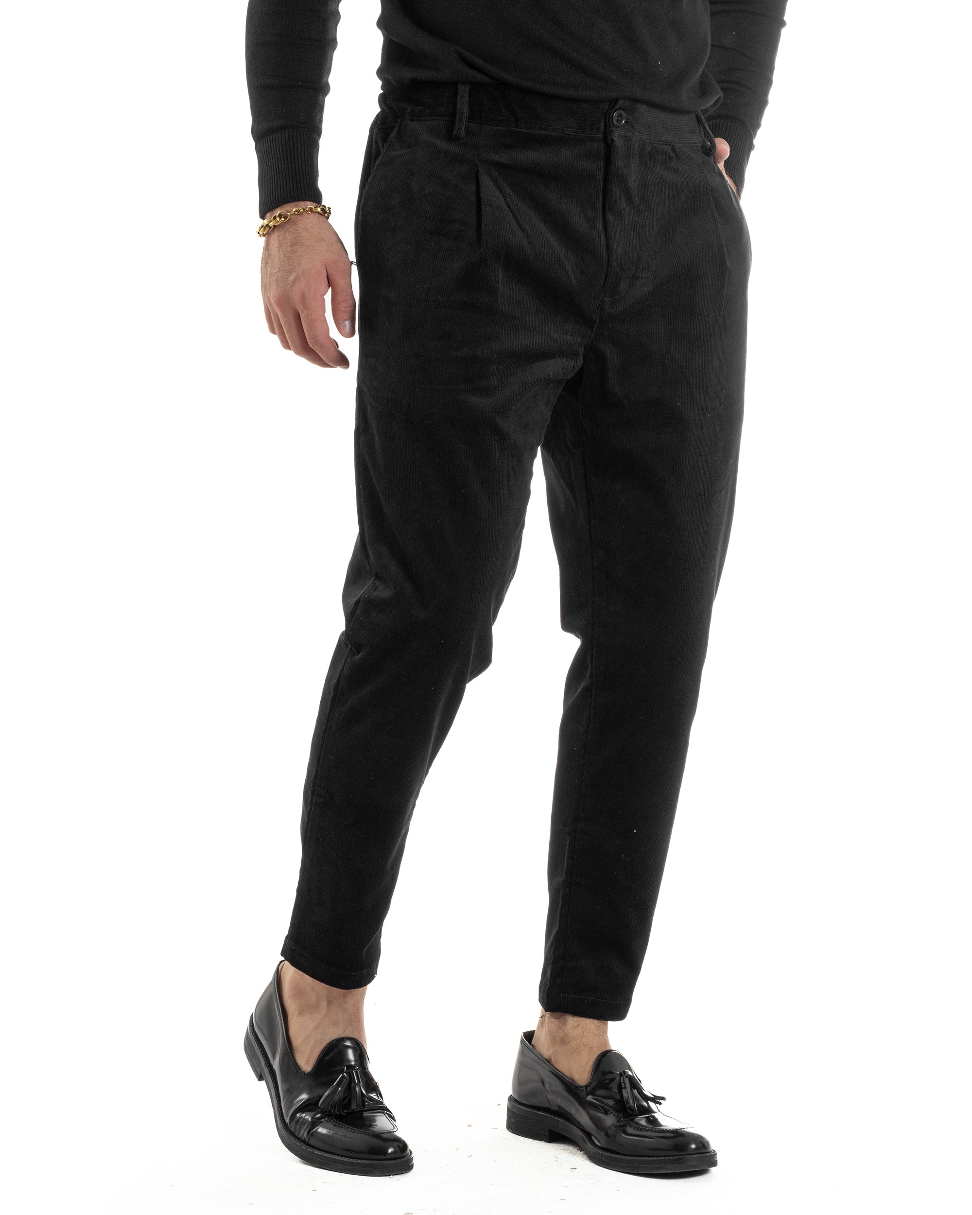 Pantaloni Uomo Velluto Tasche America Pinces Chino Nero P6416A