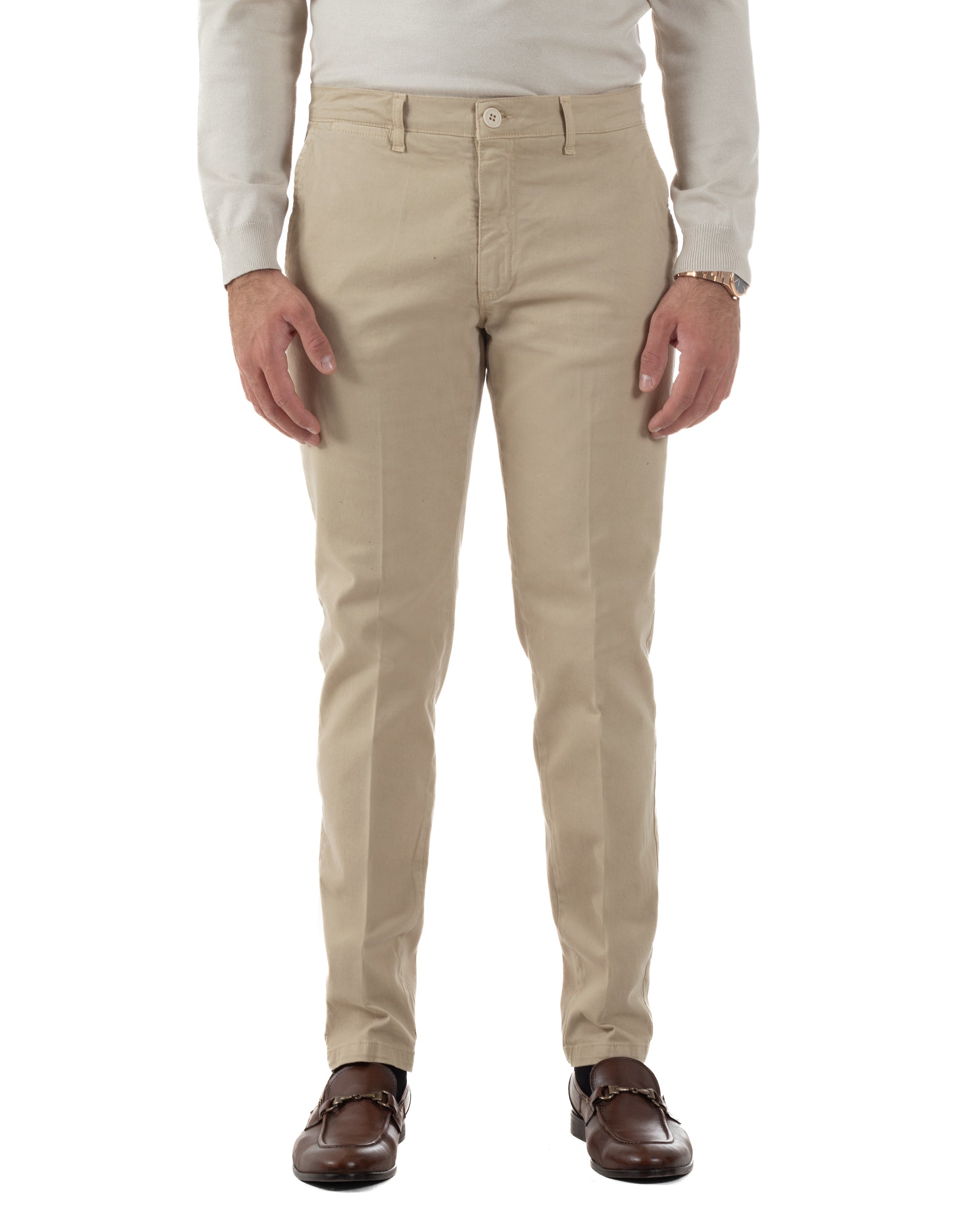 Pantaloni Uomo Chino Cotone Slim Fit Tasche America Classico Beige P6420A