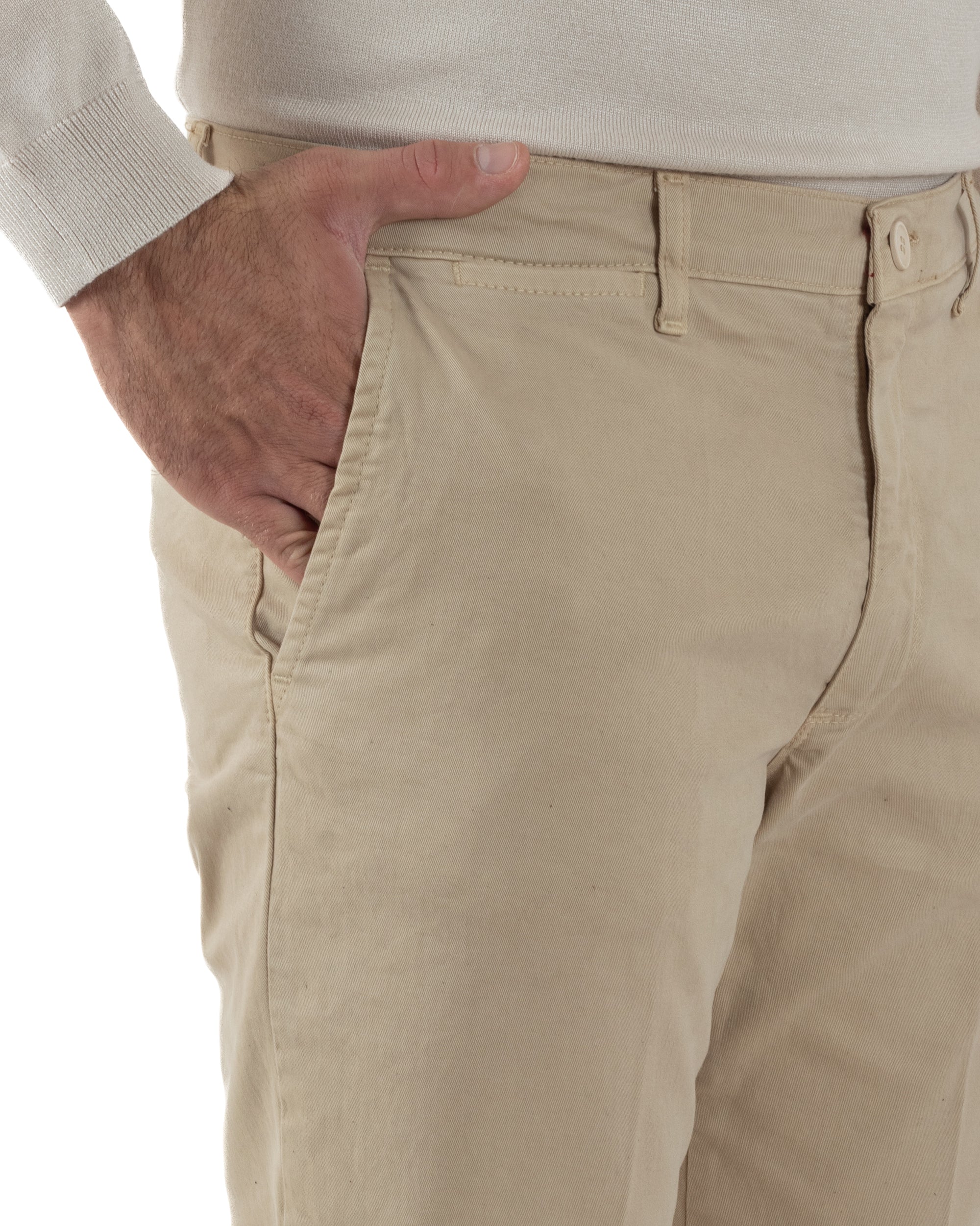 Pantaloni Uomo Chino Cotone Slim Fit Tasche America Classico Beige P6420A