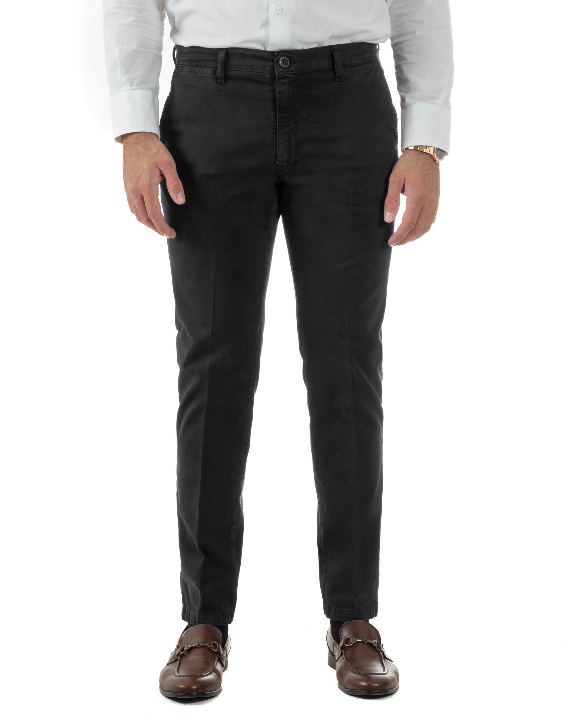 Pantaloni Uomo Chino Cotone Slim Fit Tasche America Classico Nero P6421A