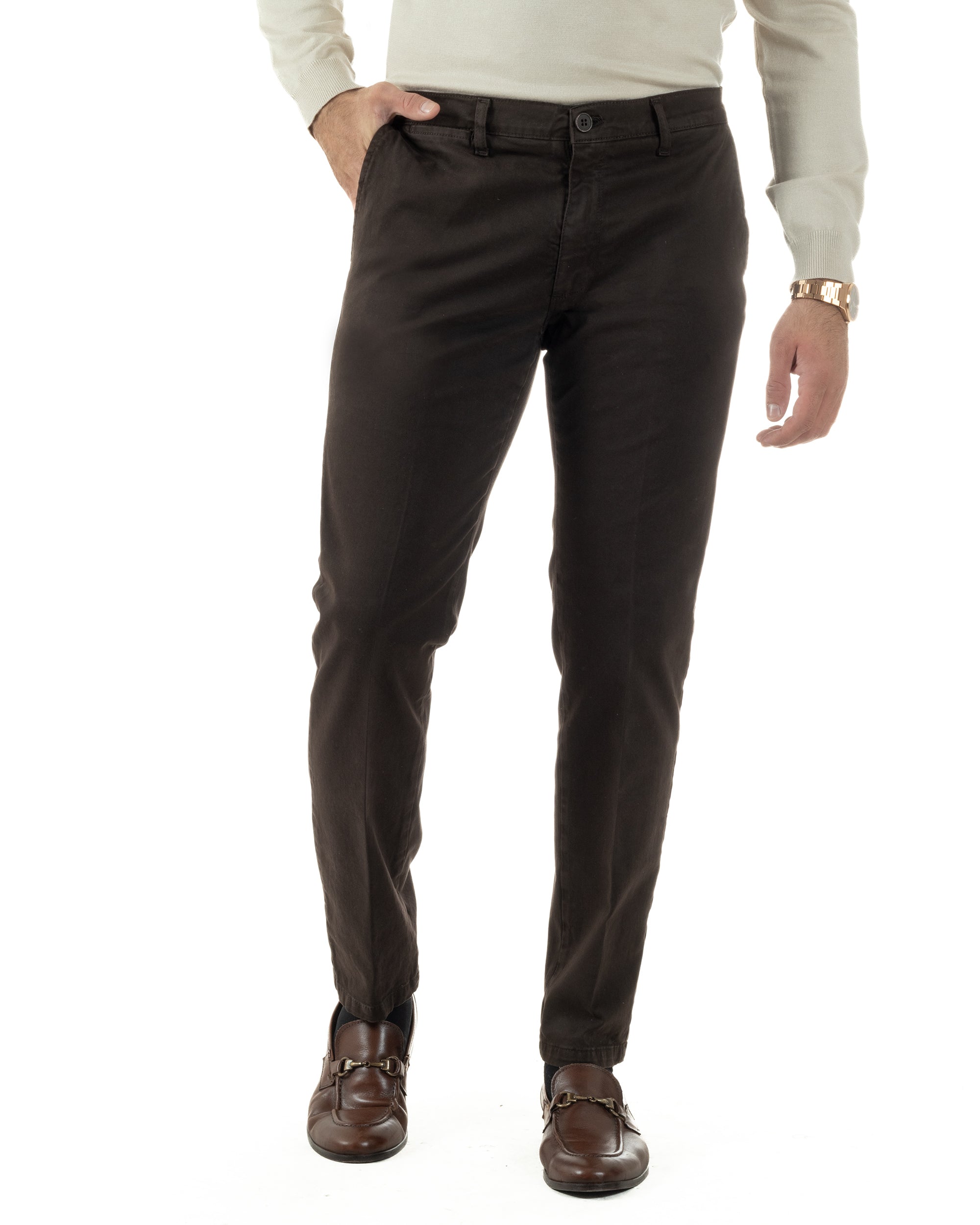 Pantaloni Uomo Chino Cotone Slim Fit Tasche America Classico Marrone P6423A
