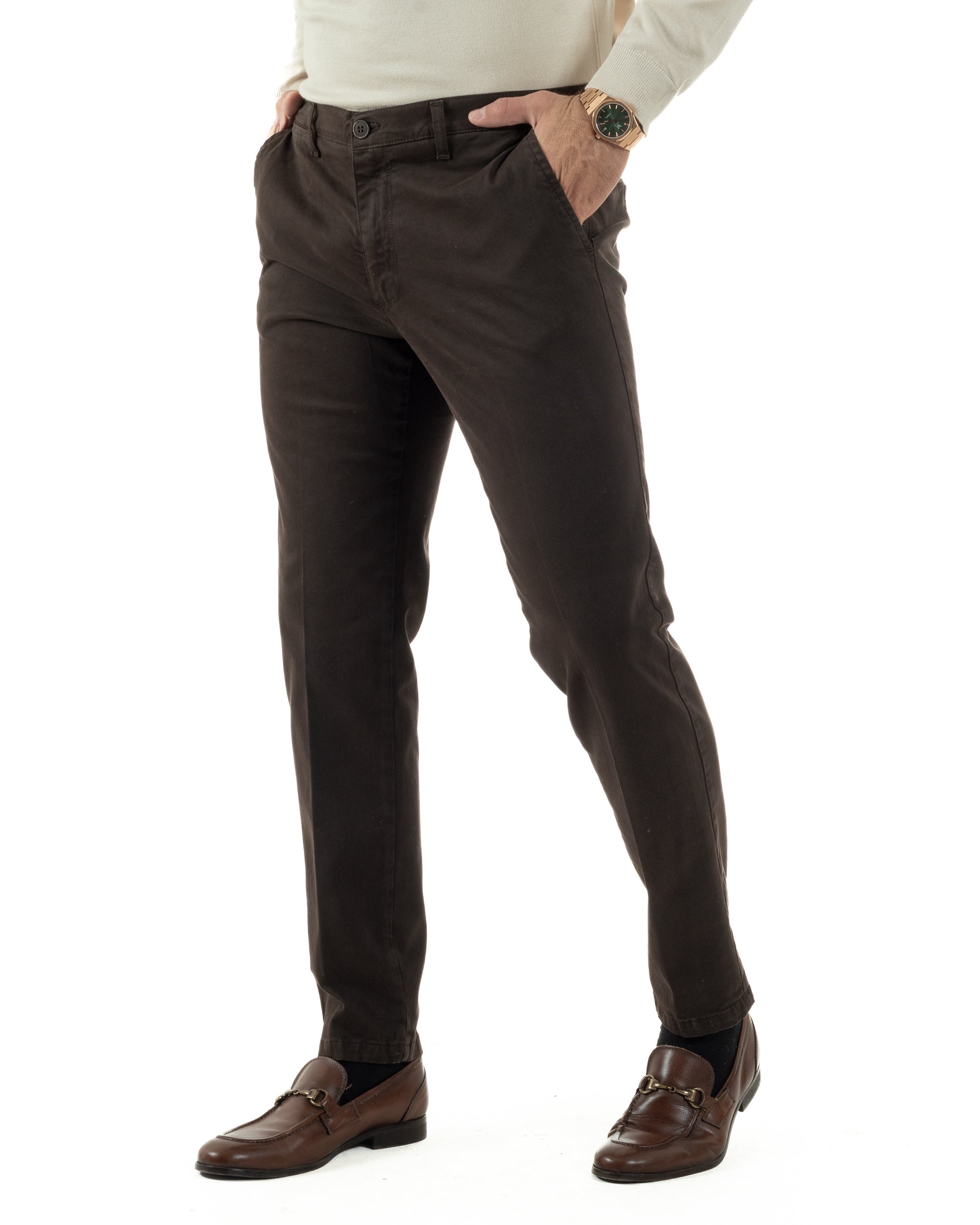 Pantaloni Uomo Chino Cotone Slim Fit Tasche America Classico Marrone P6423A