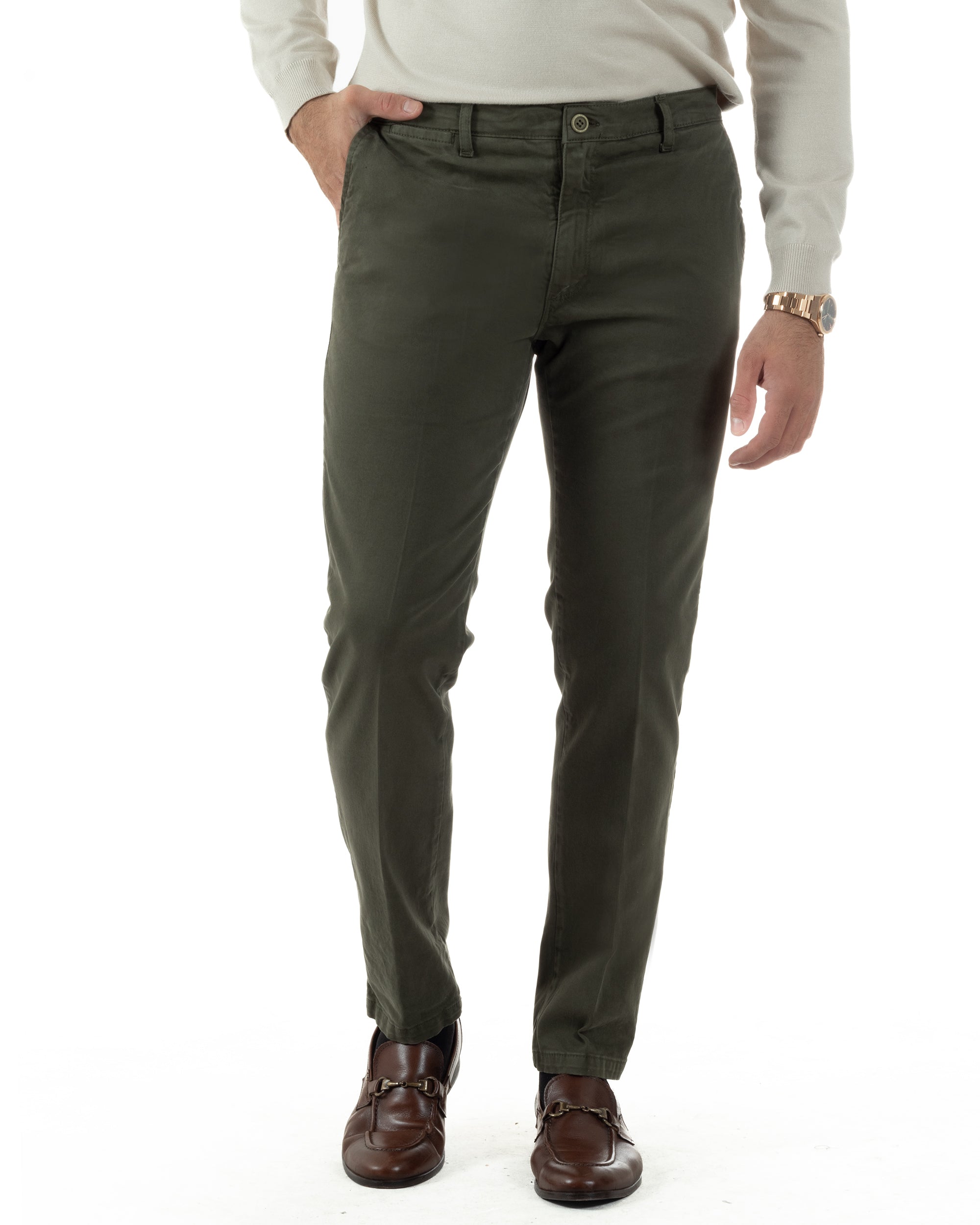 Pantaloni Uomo Chino Cotone Slim Fit Tasche America Classico Verde P6424A