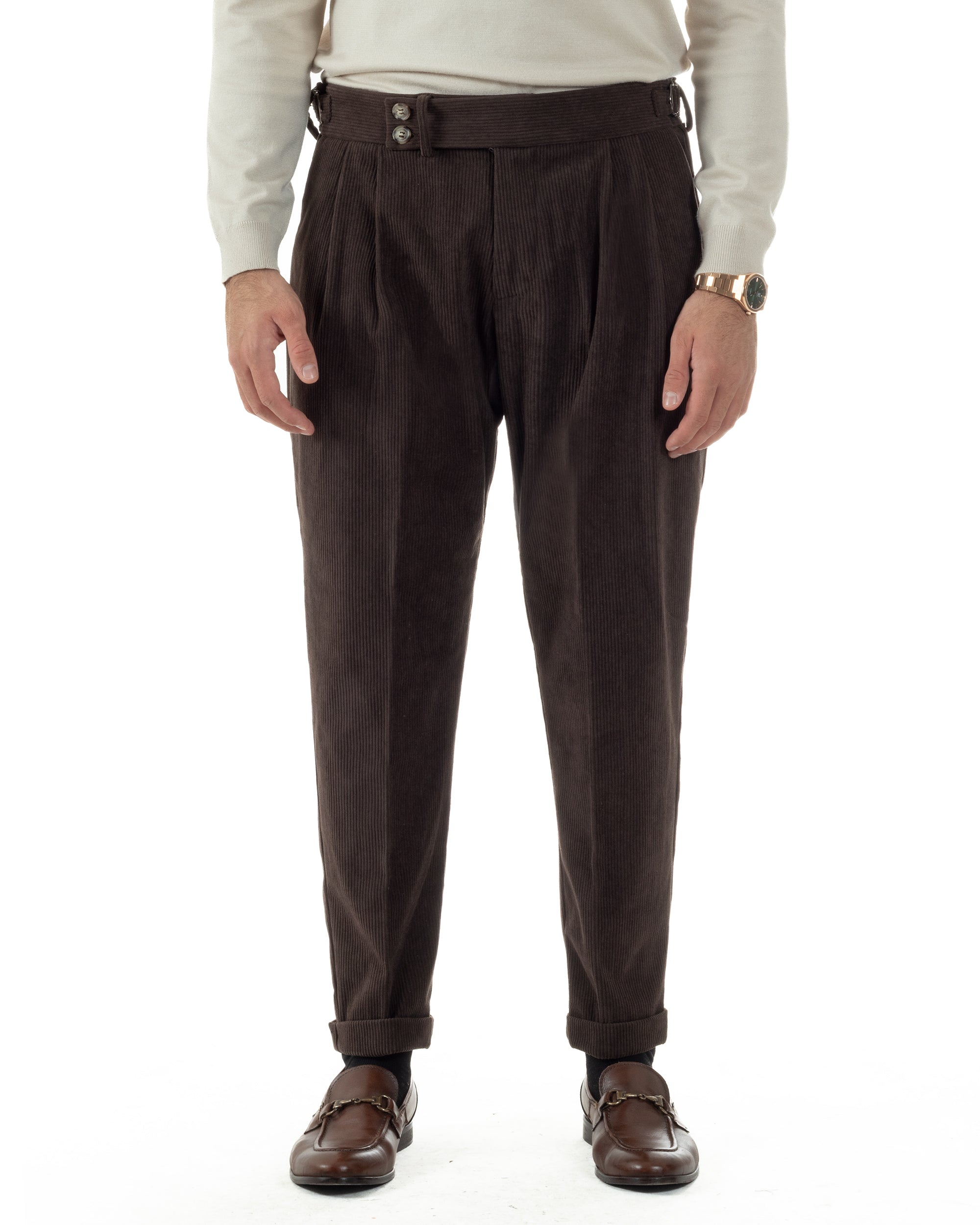 Pantaloni Uomo Velluto Costine Vita Alta Gurkha Pants Abbottonatura Allungata Fibbie Marrone BlackSunday P6426A