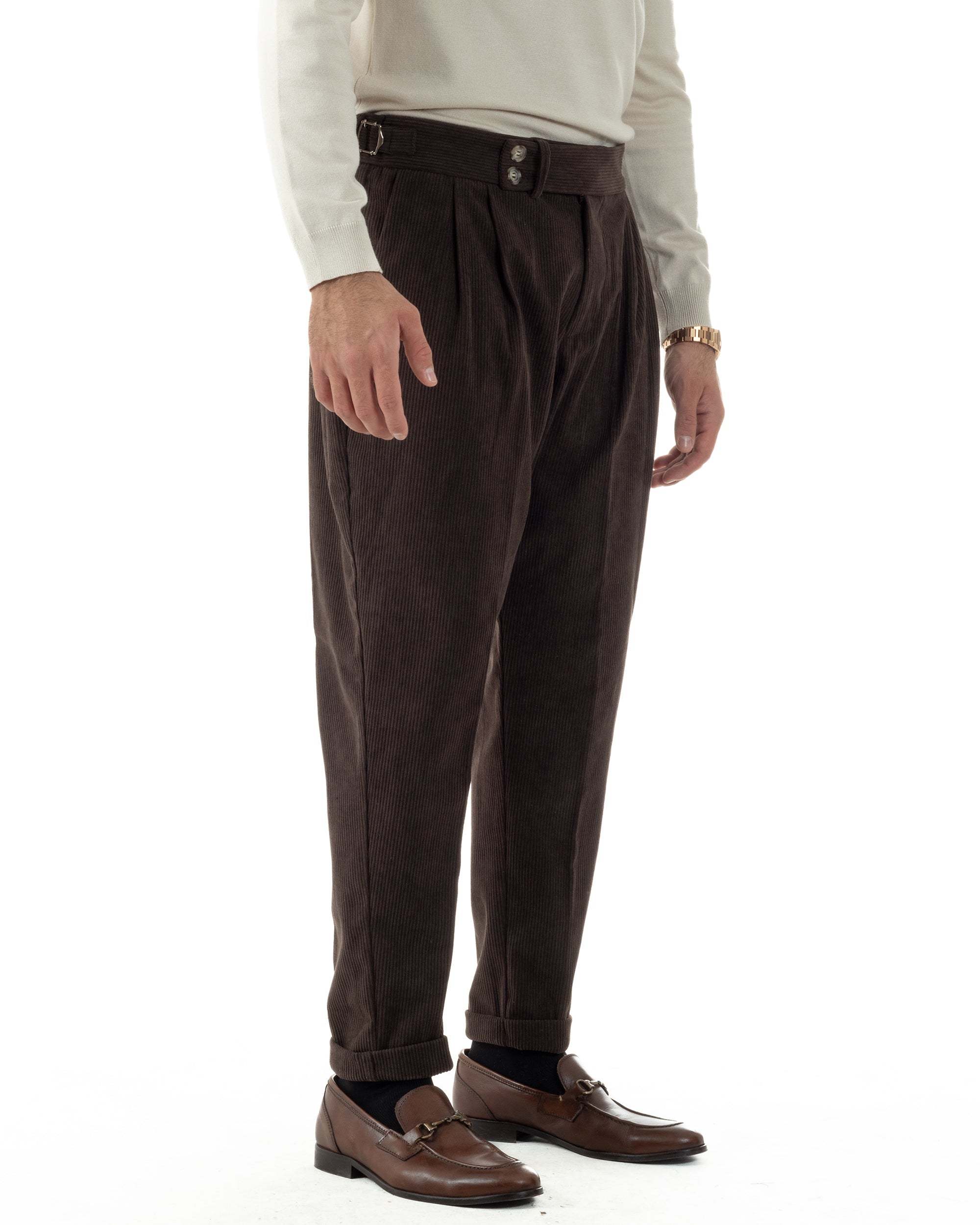 Pantaloni Uomo Velluto Costine Vita Alta Gurkha Pants Abbottonatura Allungata Fibbie Marrone BlackSunday P6426A