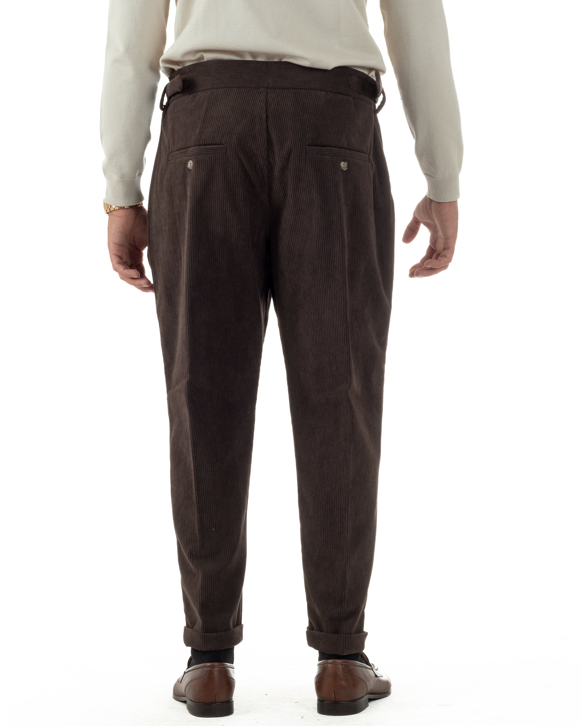 Pantaloni Uomo Velluto Costine Vita Alta Gurkha Pants Abbottonatura Allungata Fibbie Marrone BlackSunday P6426A