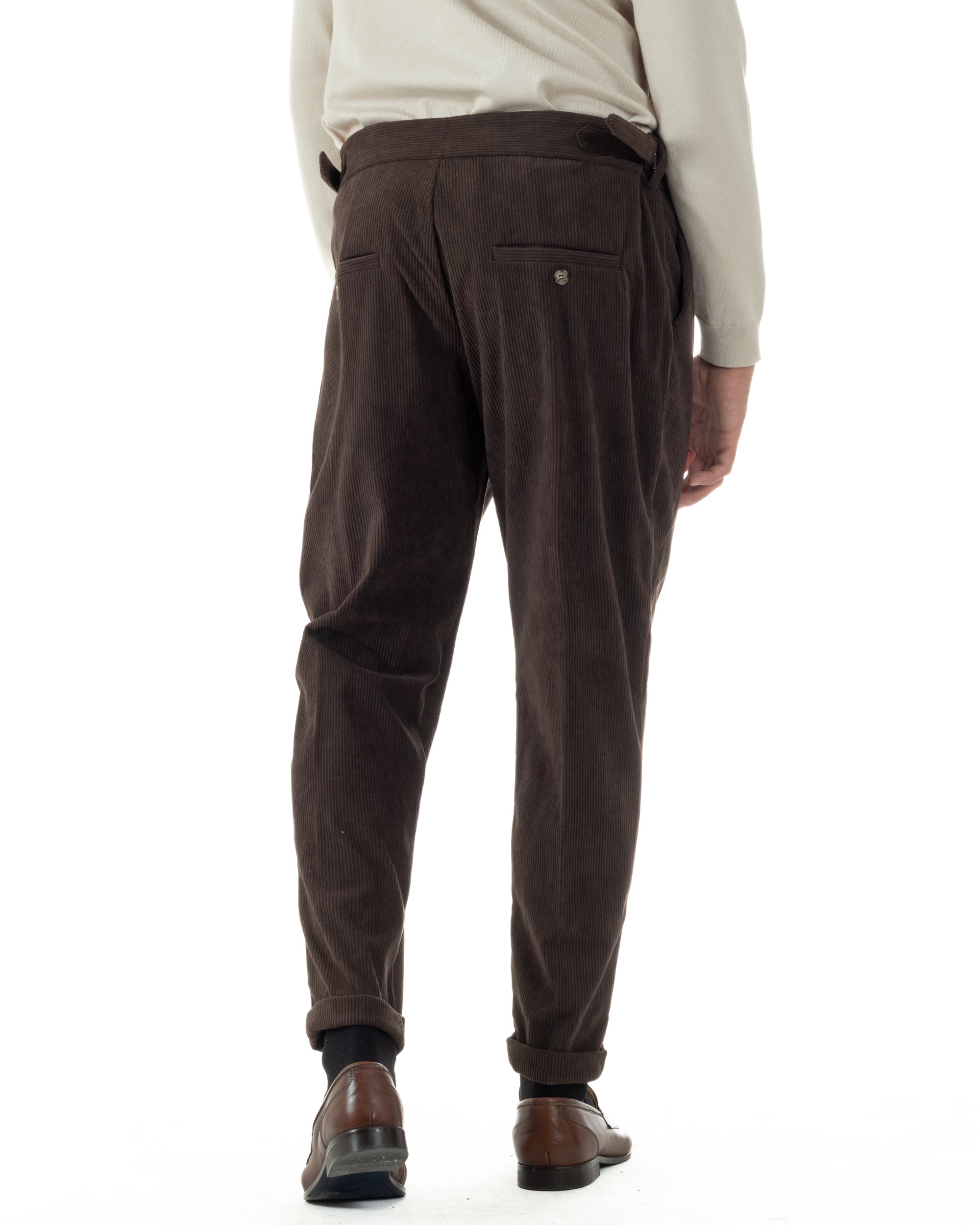 Pantaloni Uomo Velluto Costine Vita Alta Gurkha Pants Abbottonatura Allungata Fibbie Marrone BlackSunday P6426A