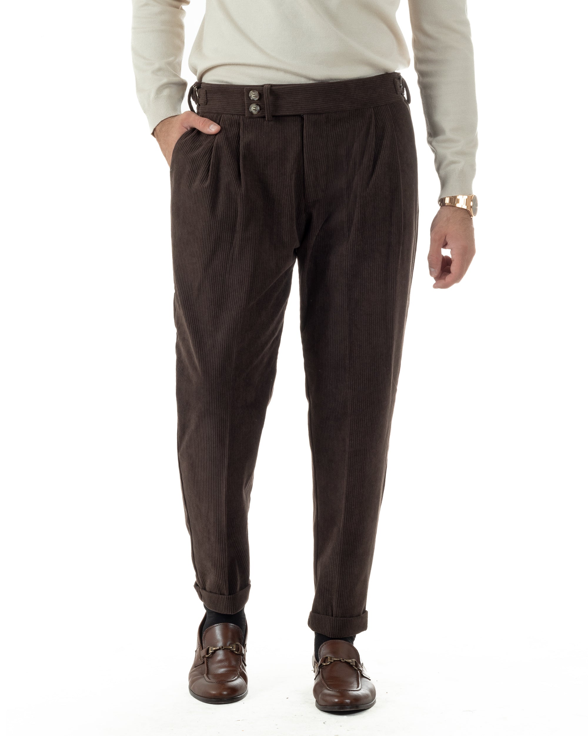 Pantaloni Uomo Velluto Costine Vita Alta Gurkha Pants Abbottonatura Allungata Fibbie Marrone BlackSunday P6426A