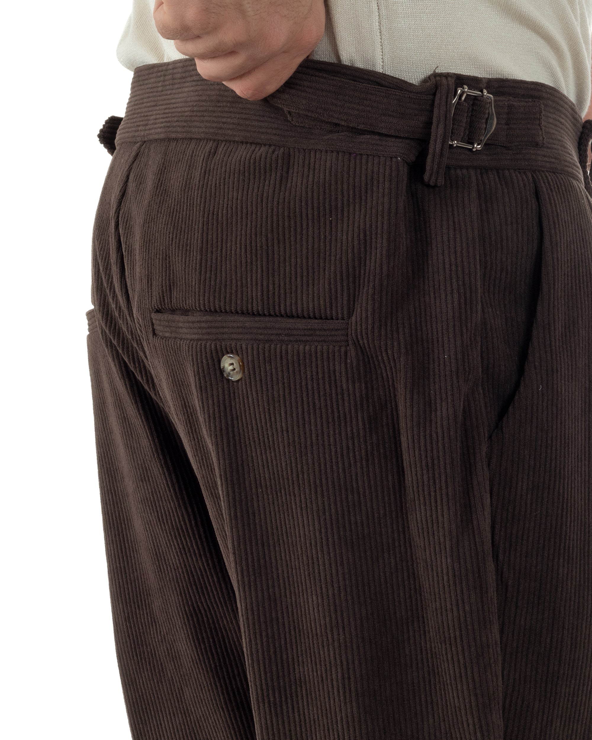 Pantaloni Uomo Velluto Costine Vita Alta Gurkha Pants Abbottonatura Allungata Fibbie Marrone BlackSunday P6426A