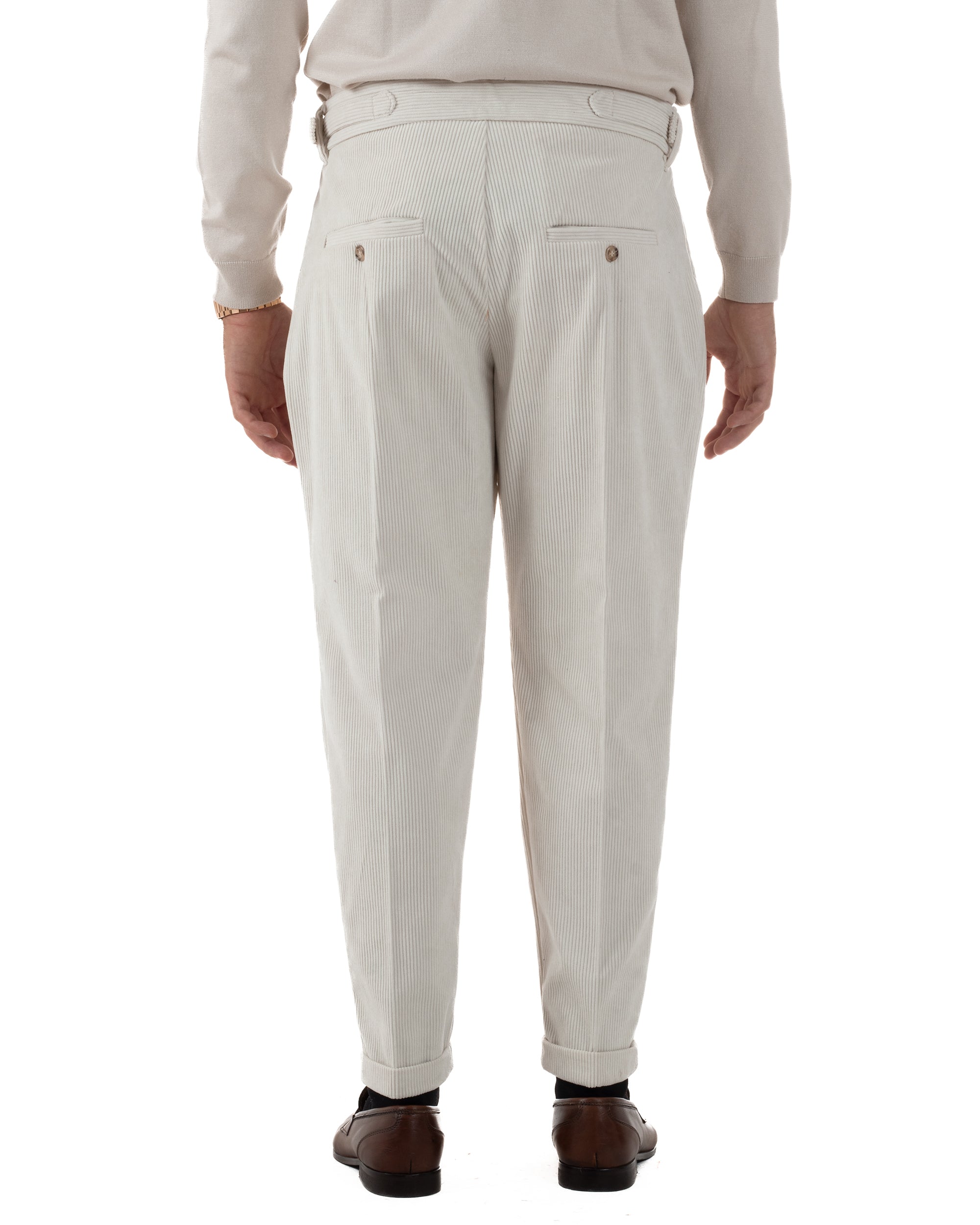 Pantaloni Uomo Velluto Costine Vita Alta Gurkha Pants Abbottonatura Allungata Fibbie Panna BlackSunday P6427A