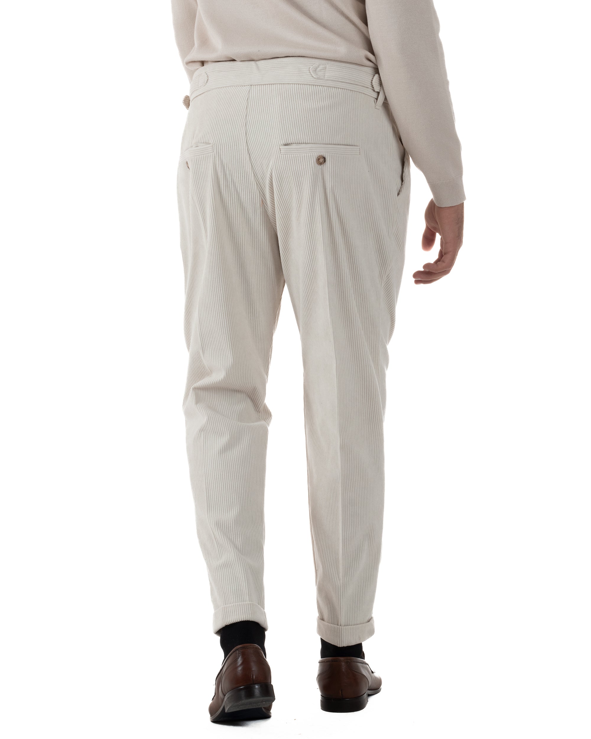 Pantaloni Uomo Velluto Costine Vita Alta Gurkha Pants Abbottonatura Allungata Fibbie Panna BlackSunday P6427A