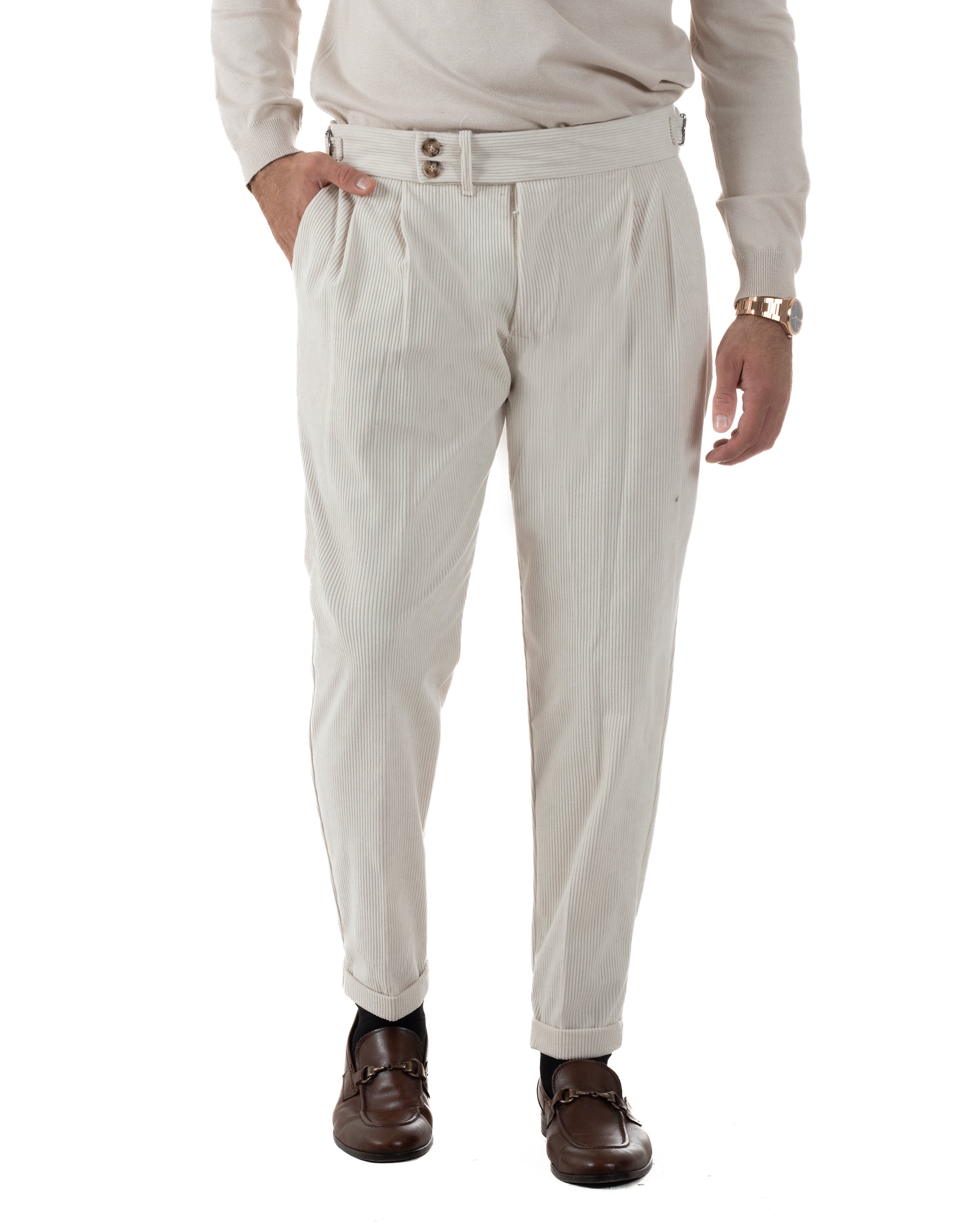 Pantaloni Uomo Velluto Costine Vita Alta Gurkha Pants Abbottonatura Allungata Fibbie Panna BlackSunday P6427A