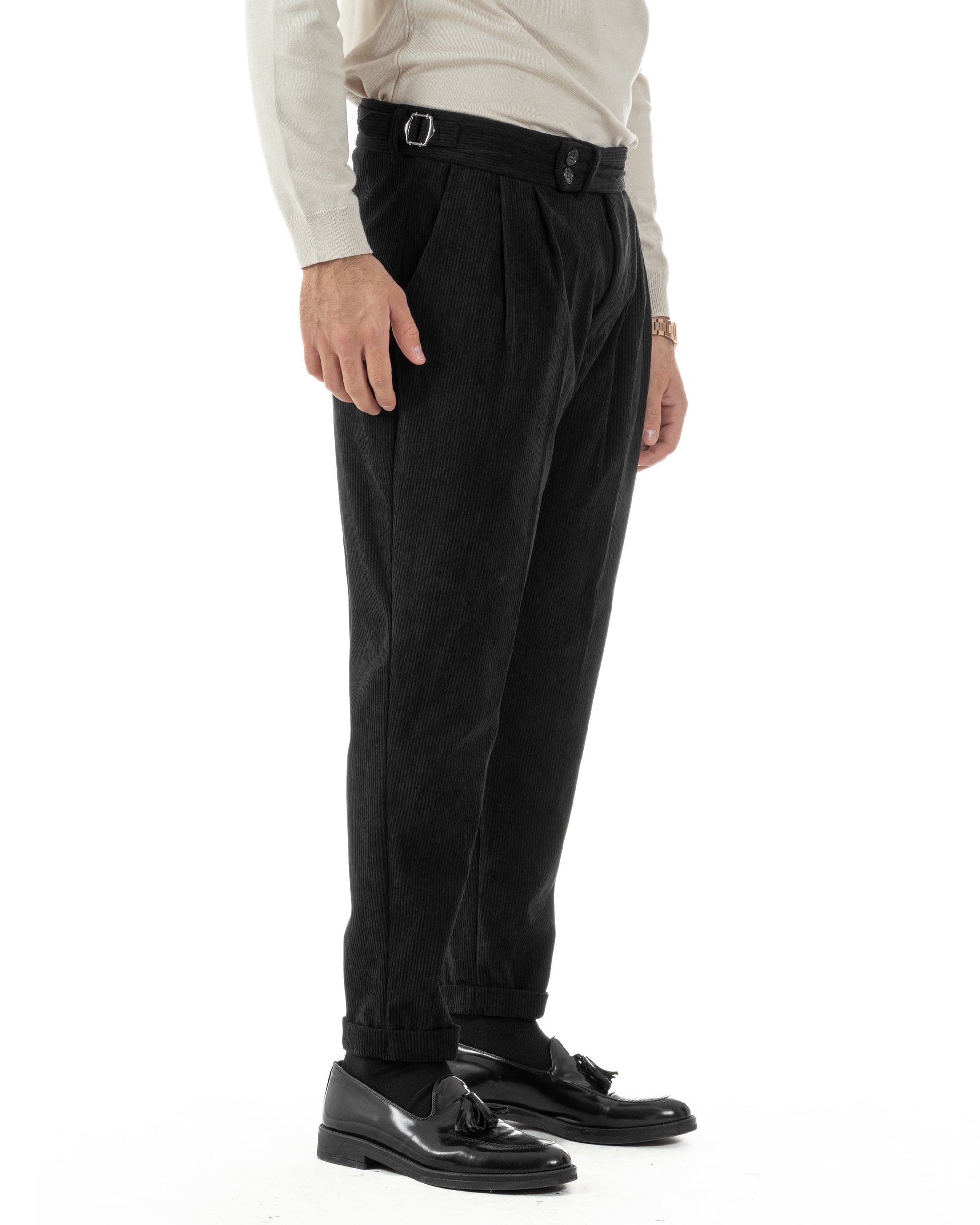 Pantaloni Uomo Velluto Costine Vita Alta Gurkha Pants Abbottonatura Allungata Fibbie Nero BlackSunday P6428A