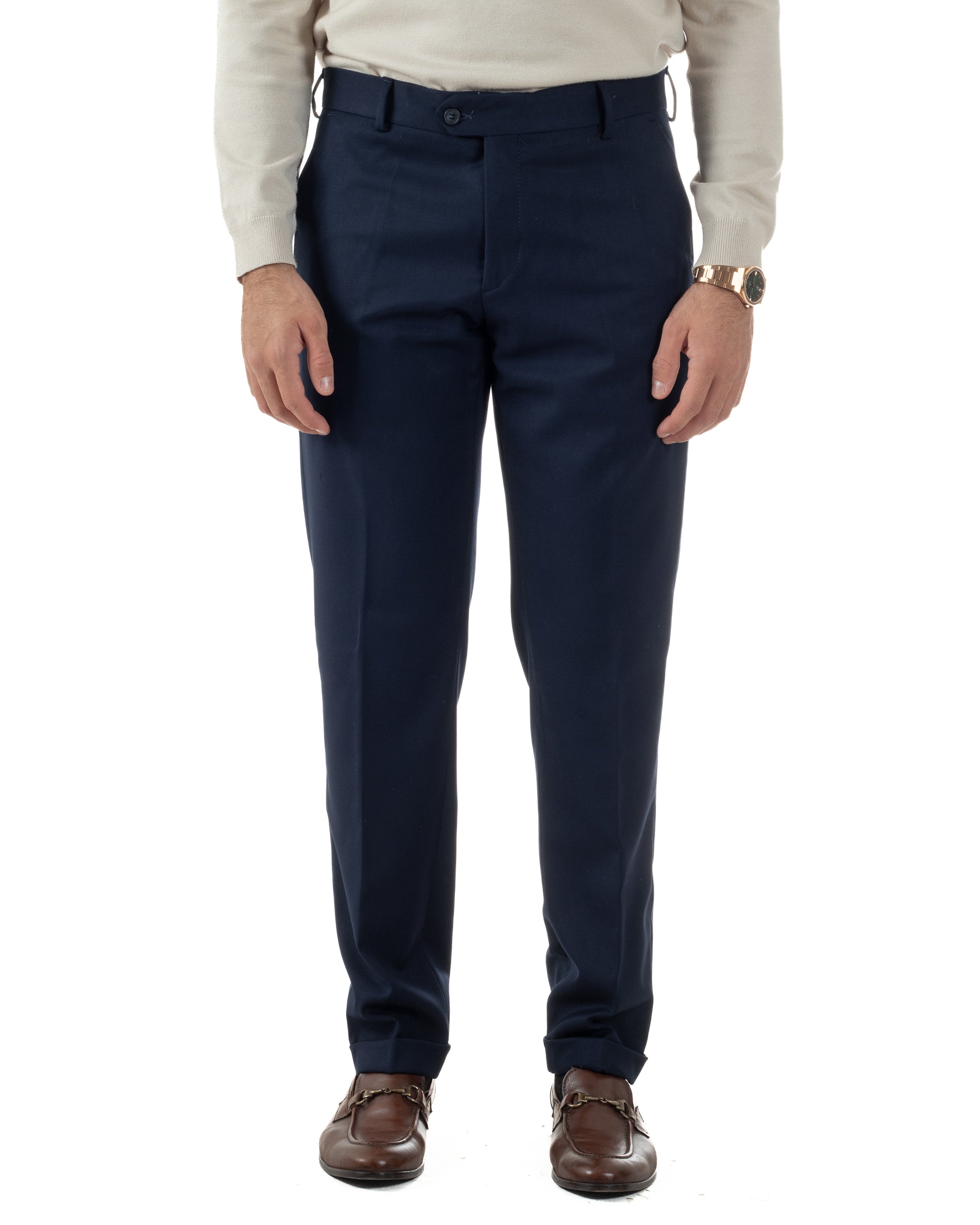 Pantaloni Uomo Viscosa Abbottonatura Allungata Elegante Classico Blu P6430A