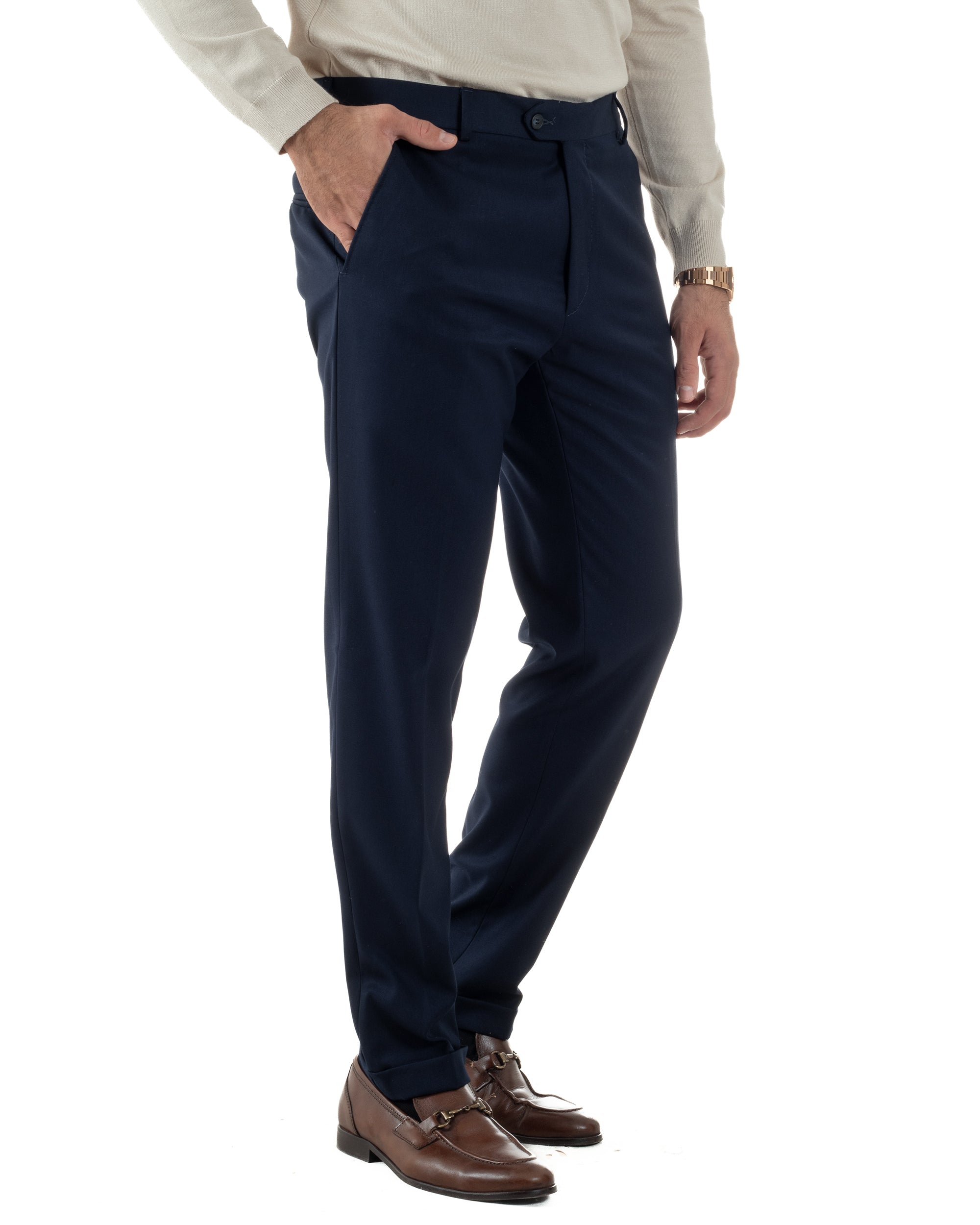 Pantaloni Uomo Viscosa Abbottonatura Allungata Elegante Classico Blu P6430A