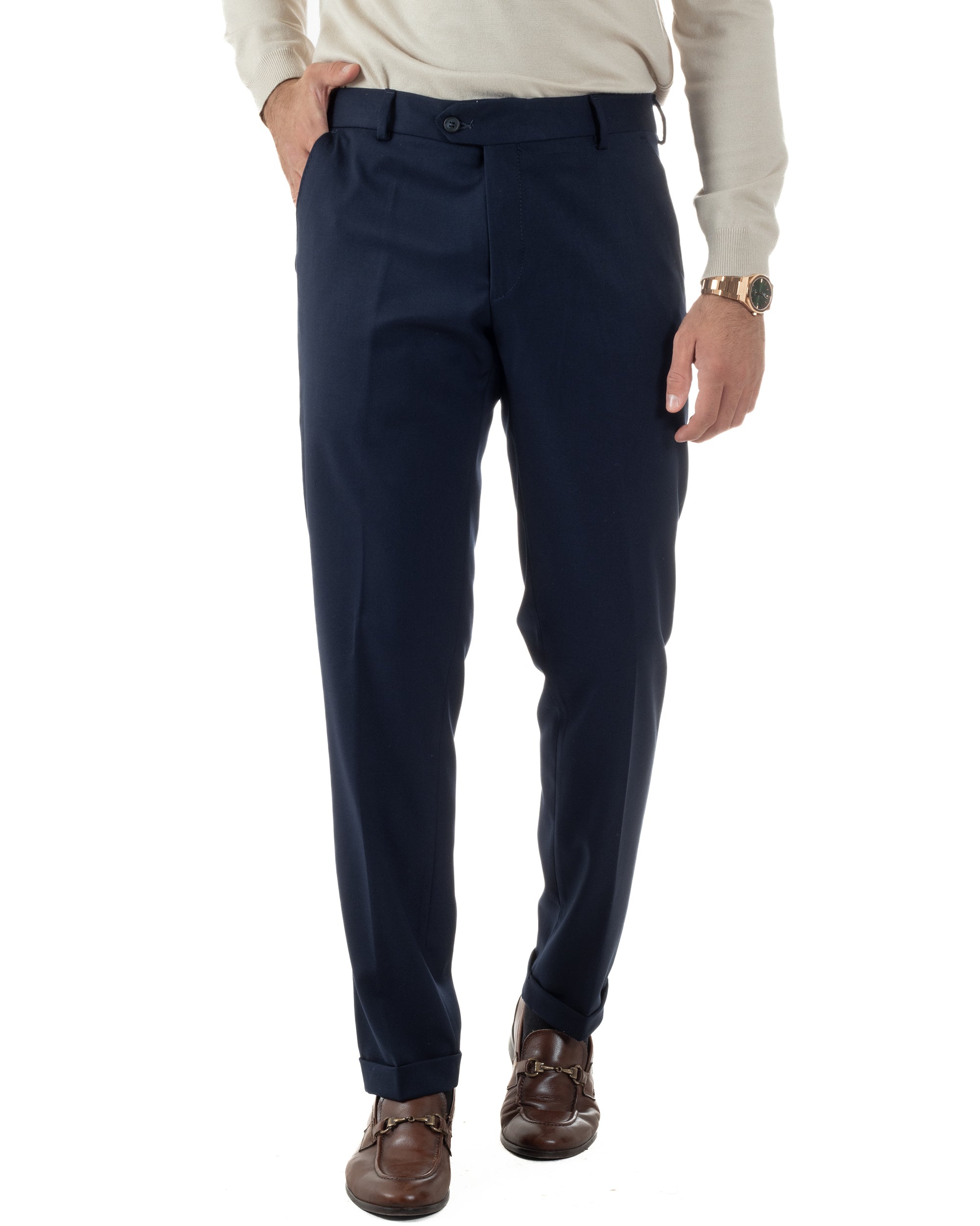 Pantaloni Uomo Viscosa Abbottonatura Allungata Elegante Classico Blu P6430A