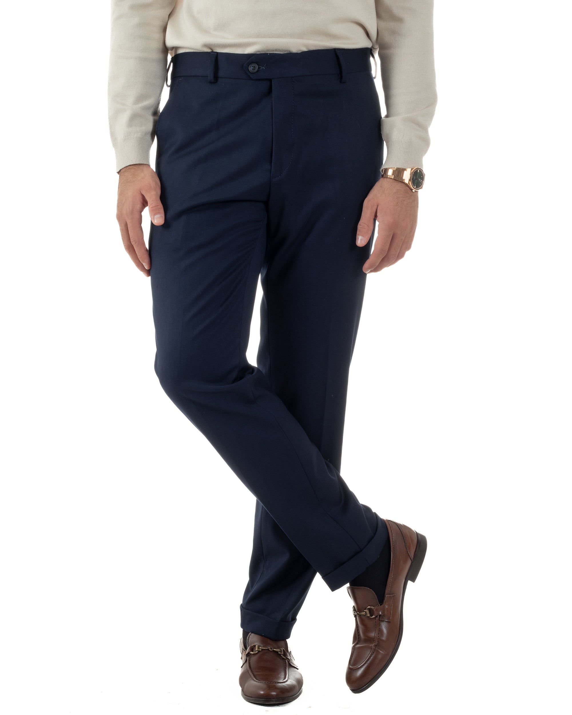 Pantaloni Uomo Viscosa Abbottonatura Allungata Elegante Classico Blu P6430A