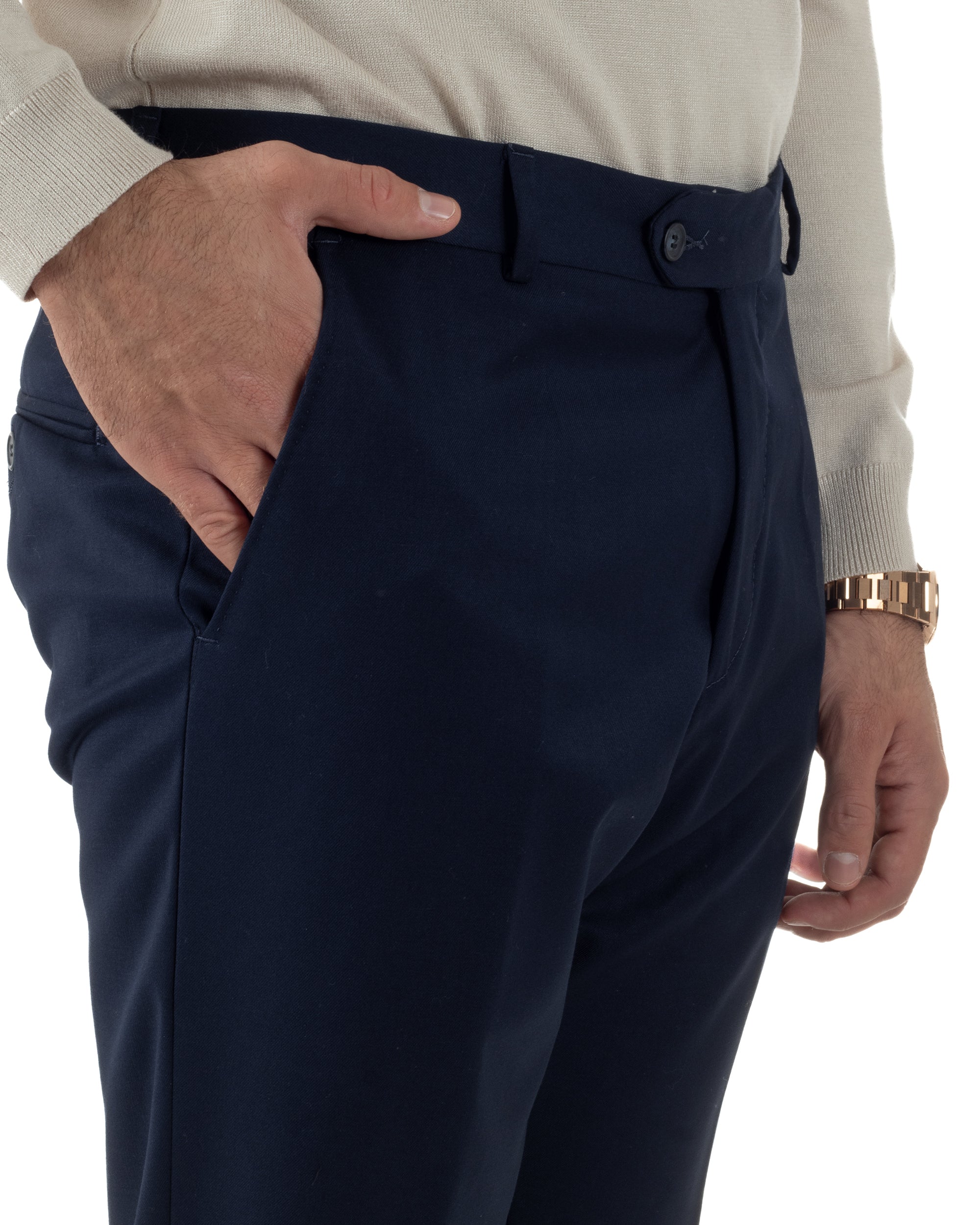 Pantaloni Uomo Viscosa Abbottonatura Allungata Elegante Classico Blu P6430A