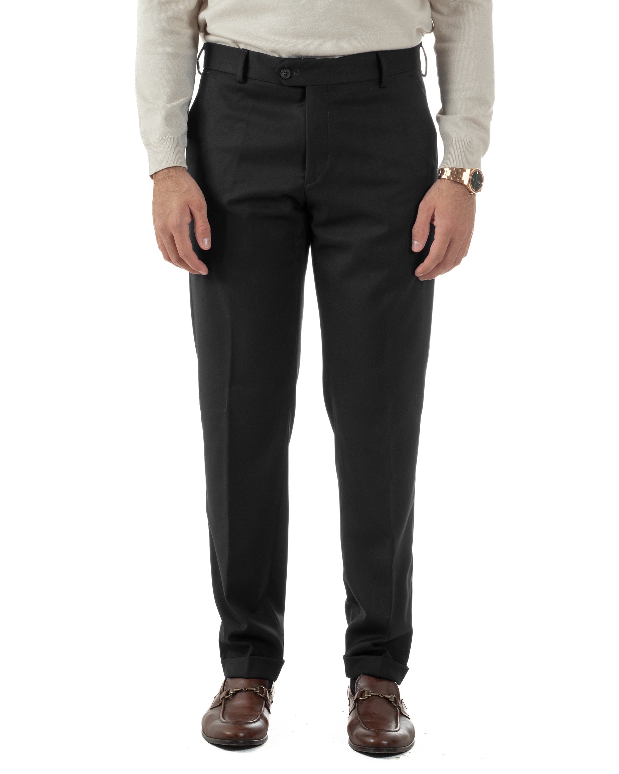 Pantaloni Uomo Viscosa Abbottonatura Allungata Elegante Classico Nero P6431A
