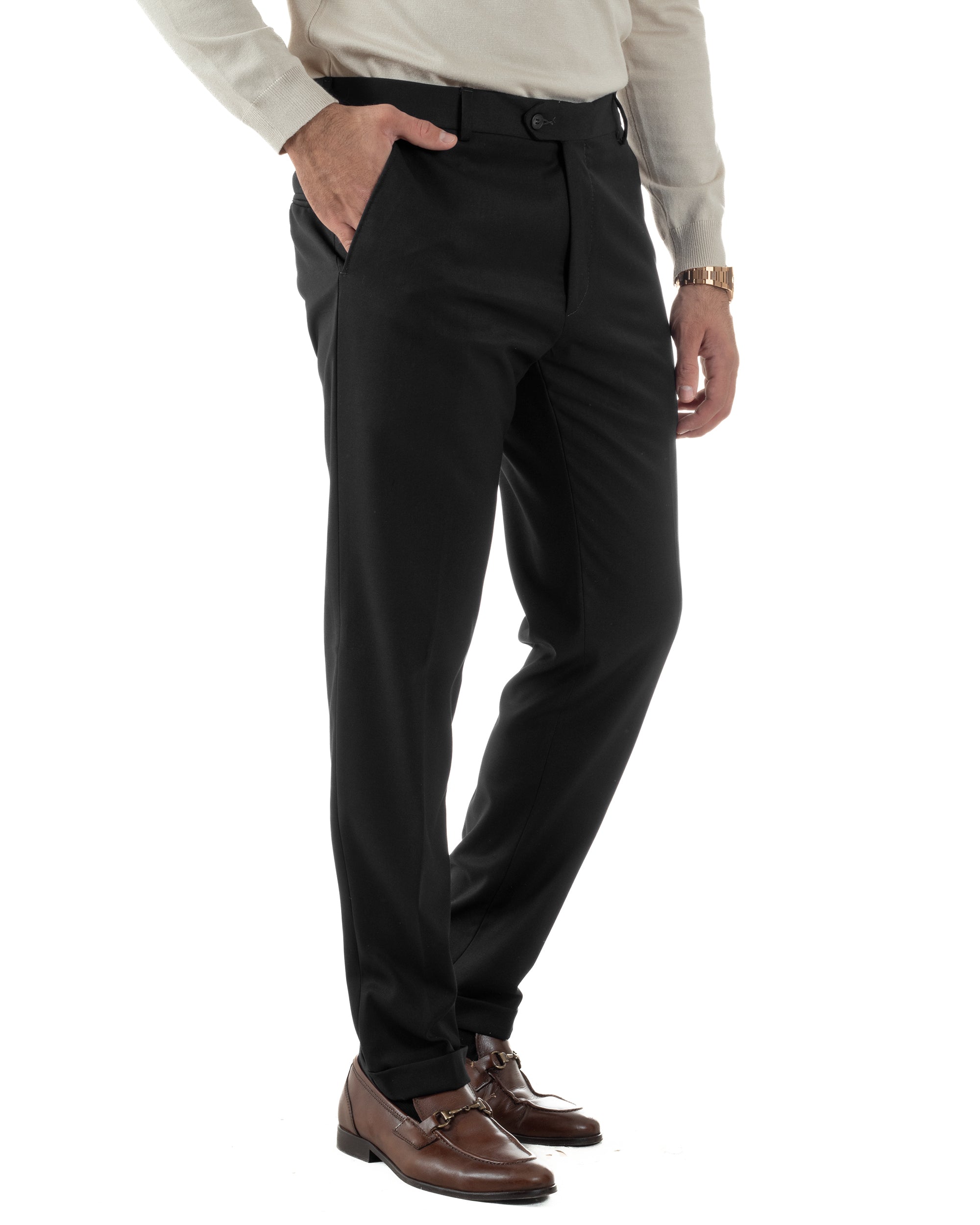 Pantaloni Uomo Viscosa Abbottonatura Allungata Elegante Classico Nero P6431A