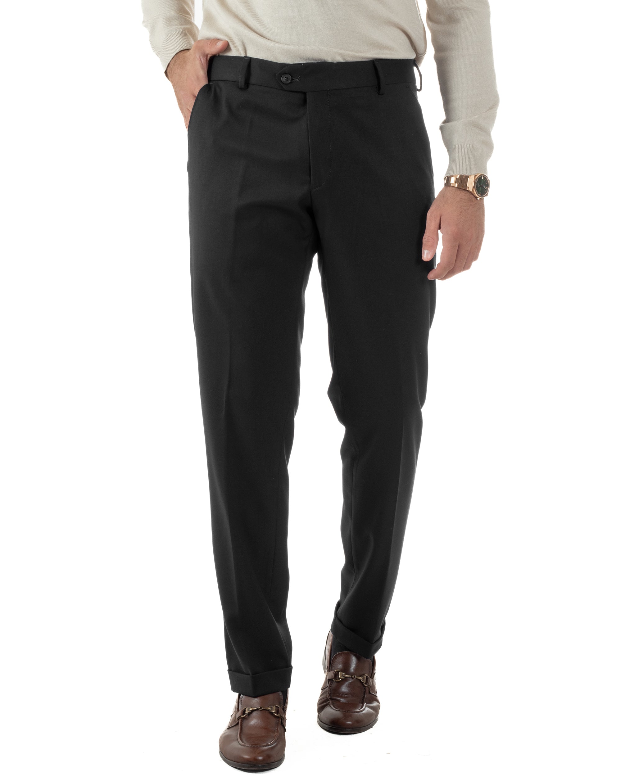 Pantaloni Uomo Viscosa Abbottonatura Allungata Elegante Classico Nero P6431A