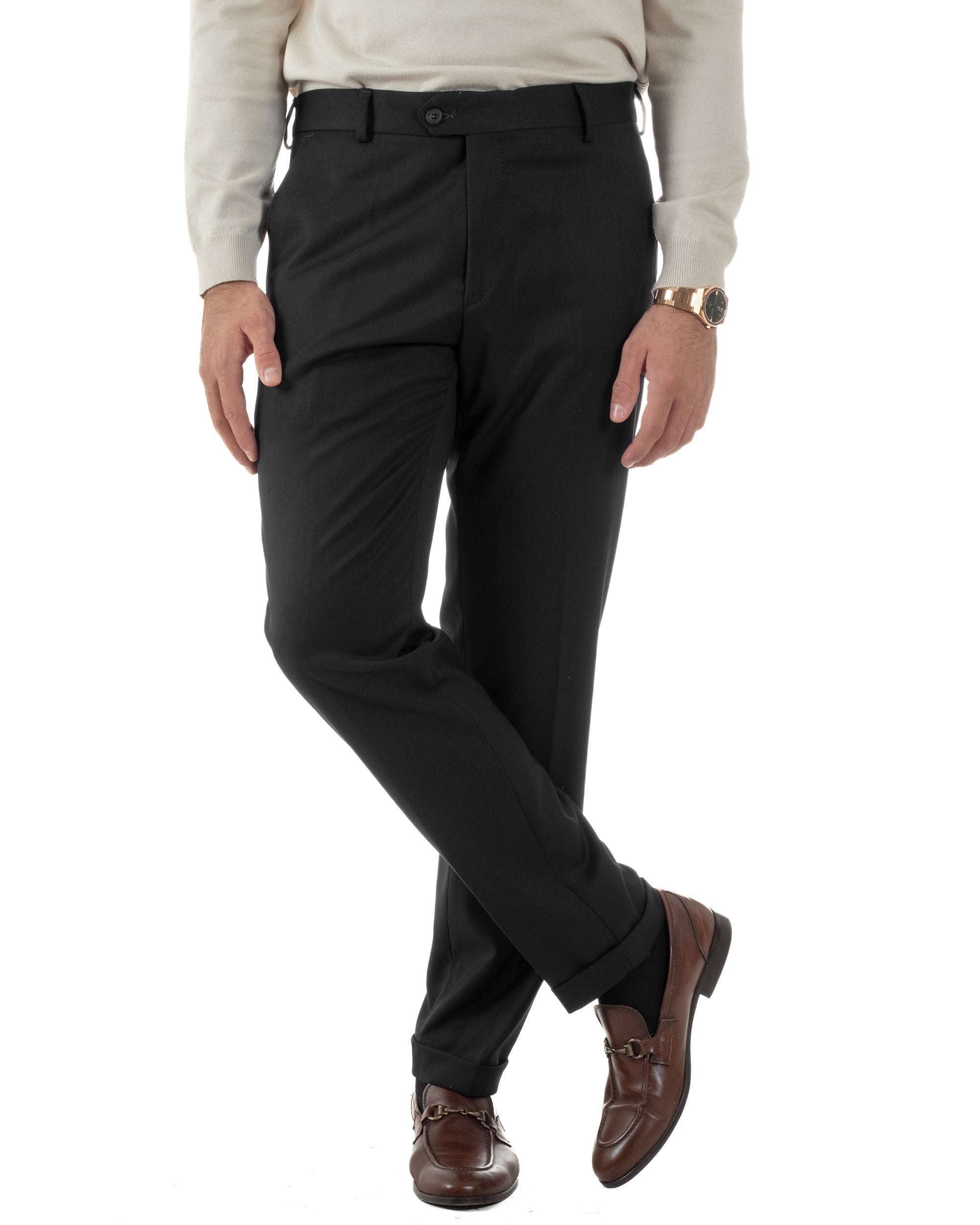 Pantaloni Uomo Viscosa Abbottonatura Allungata Elegante Classico Nero P6431A