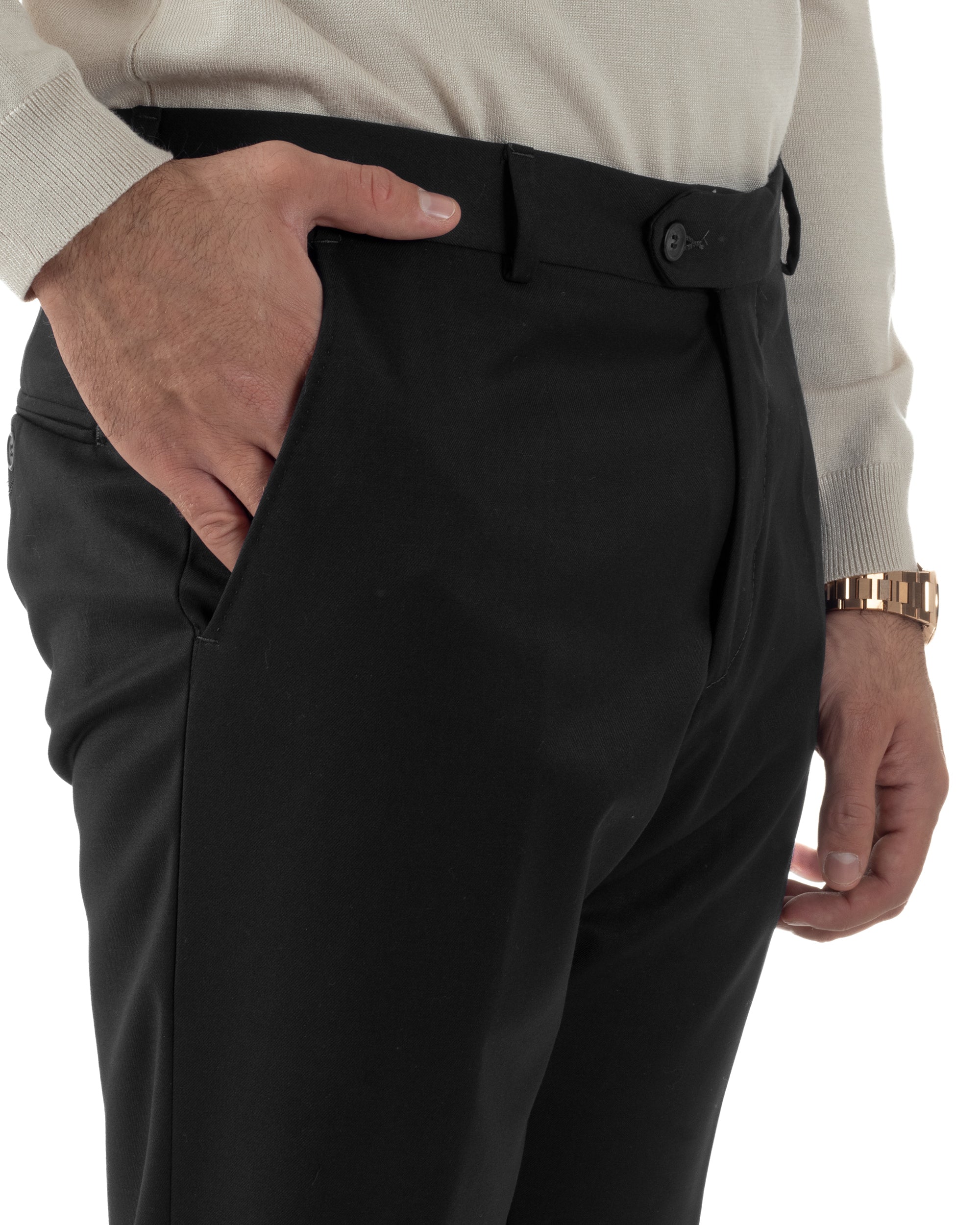 Pantaloni Uomo Viscosa Abbottonatura Allungata Elegante Classico Nero P6431A