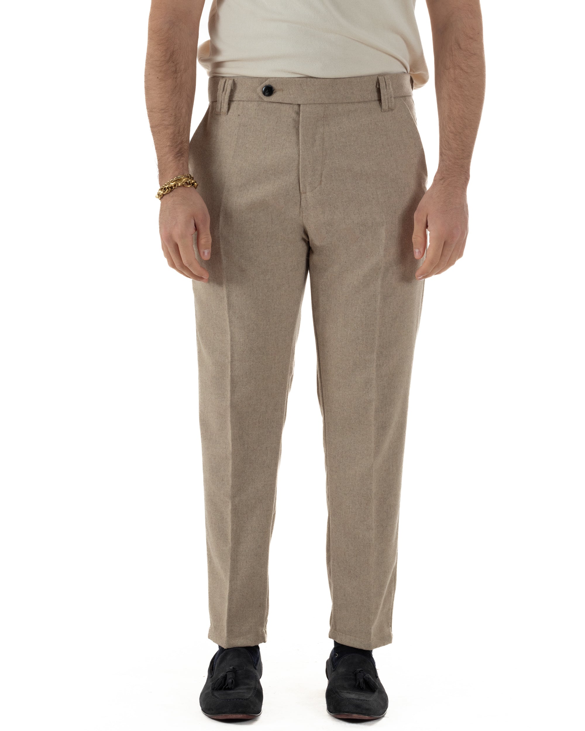 Pantaloni Uomo Lana Abbottonatura Allungata Classico Basic Beige P6433A