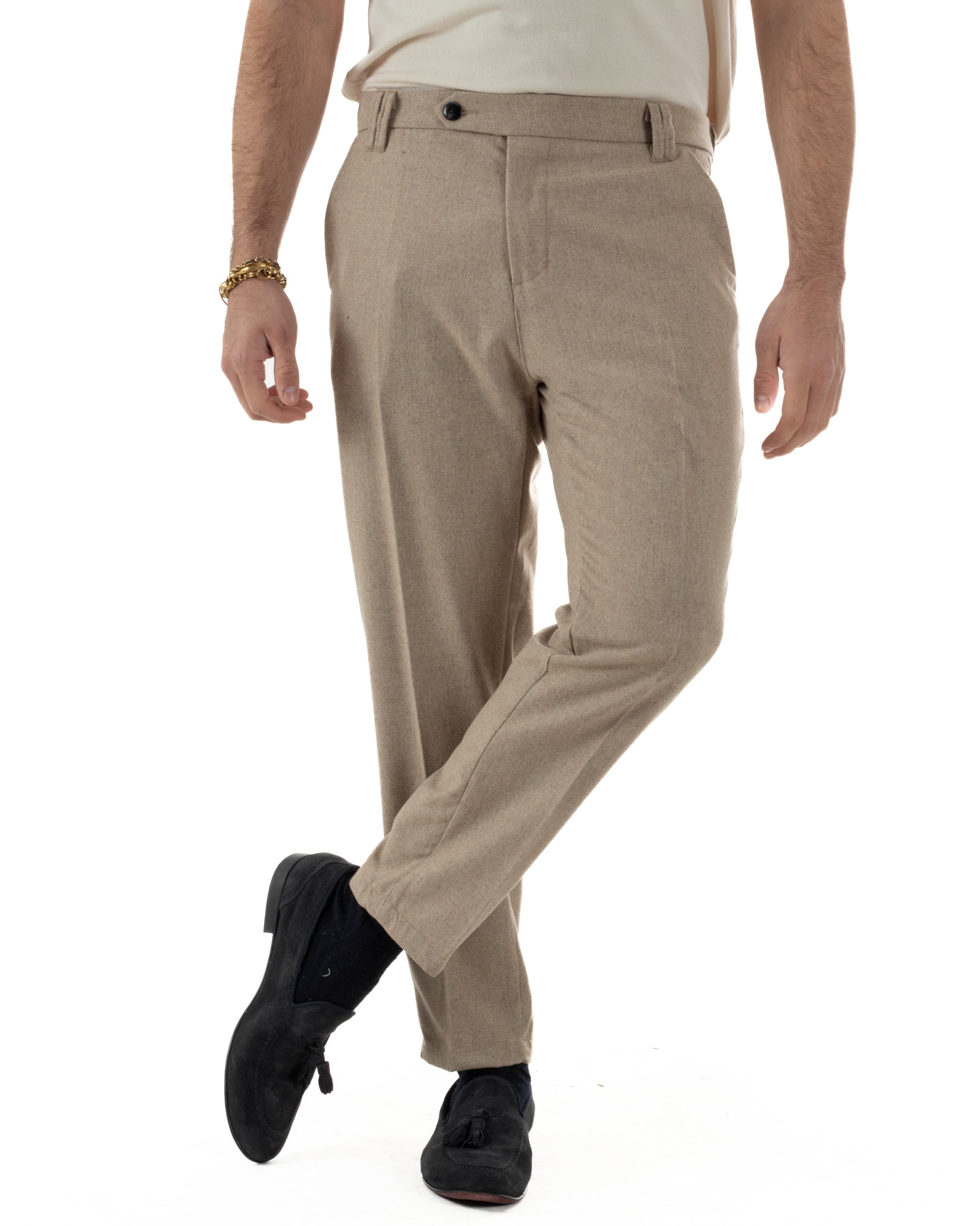 Pantaloni Uomo Lana Abbottonatura Allungata Classico Basic Beige P6433A