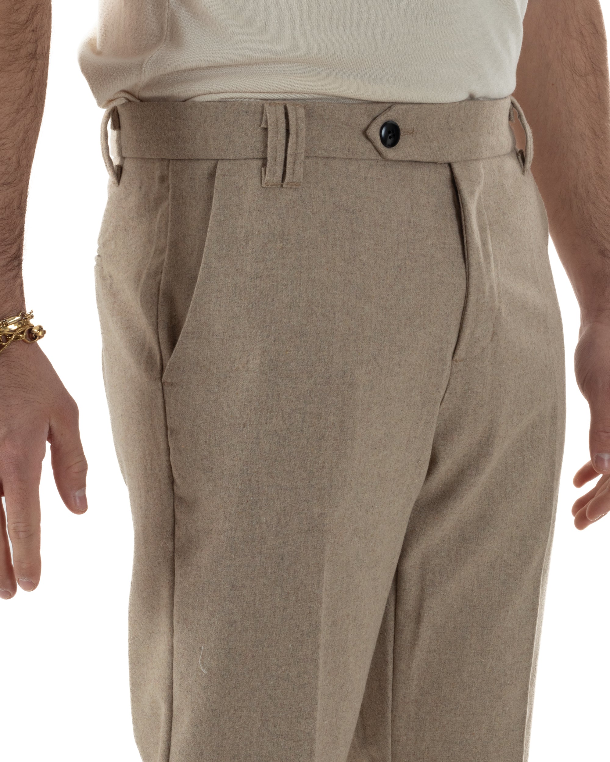 Pantaloni Uomo Lana Abbottonatura Allungata Classico Basic Beige P6433A