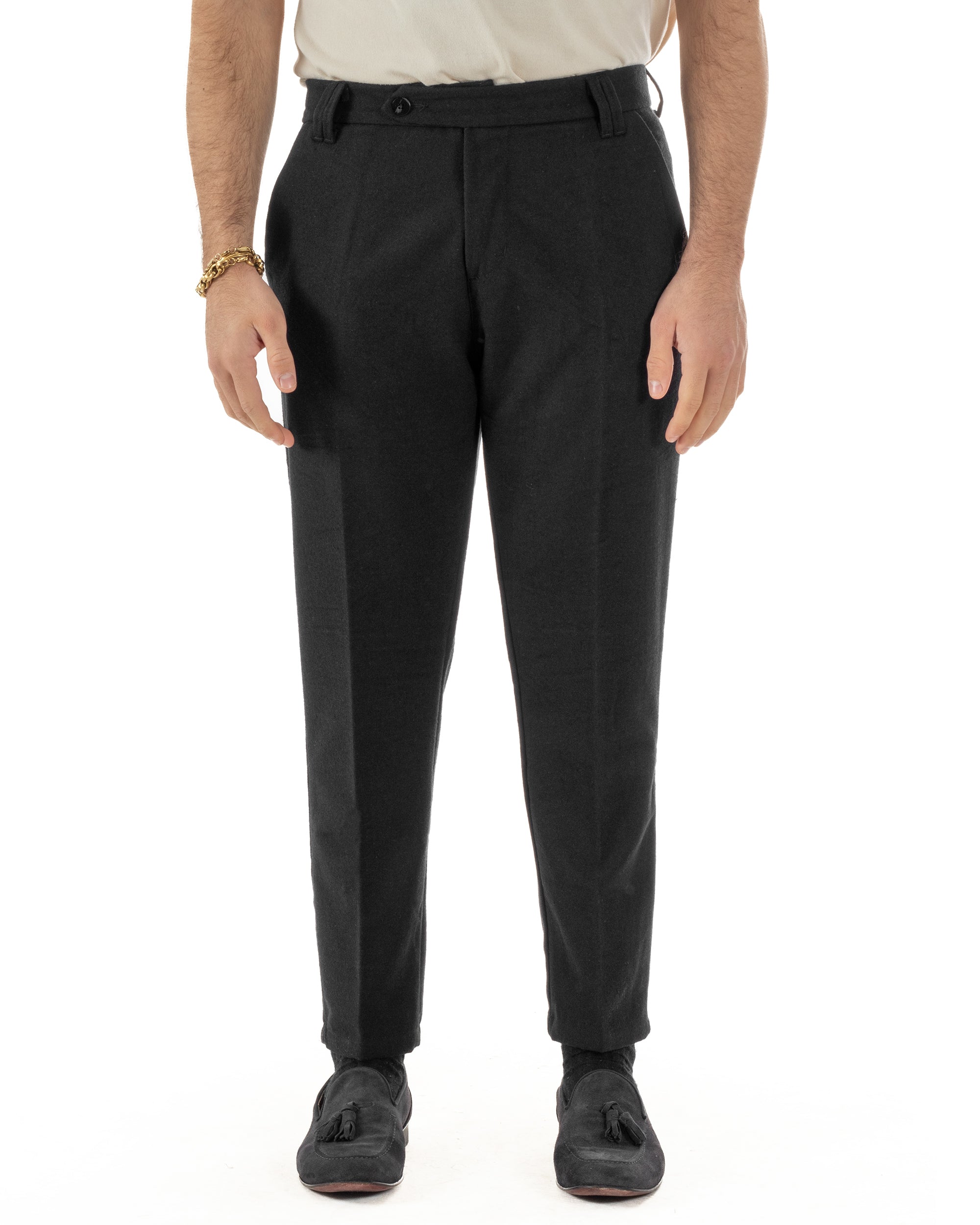 Pantaloni Uomo Lana Abbottonatura Allungata Classico Basic Nero P6434A